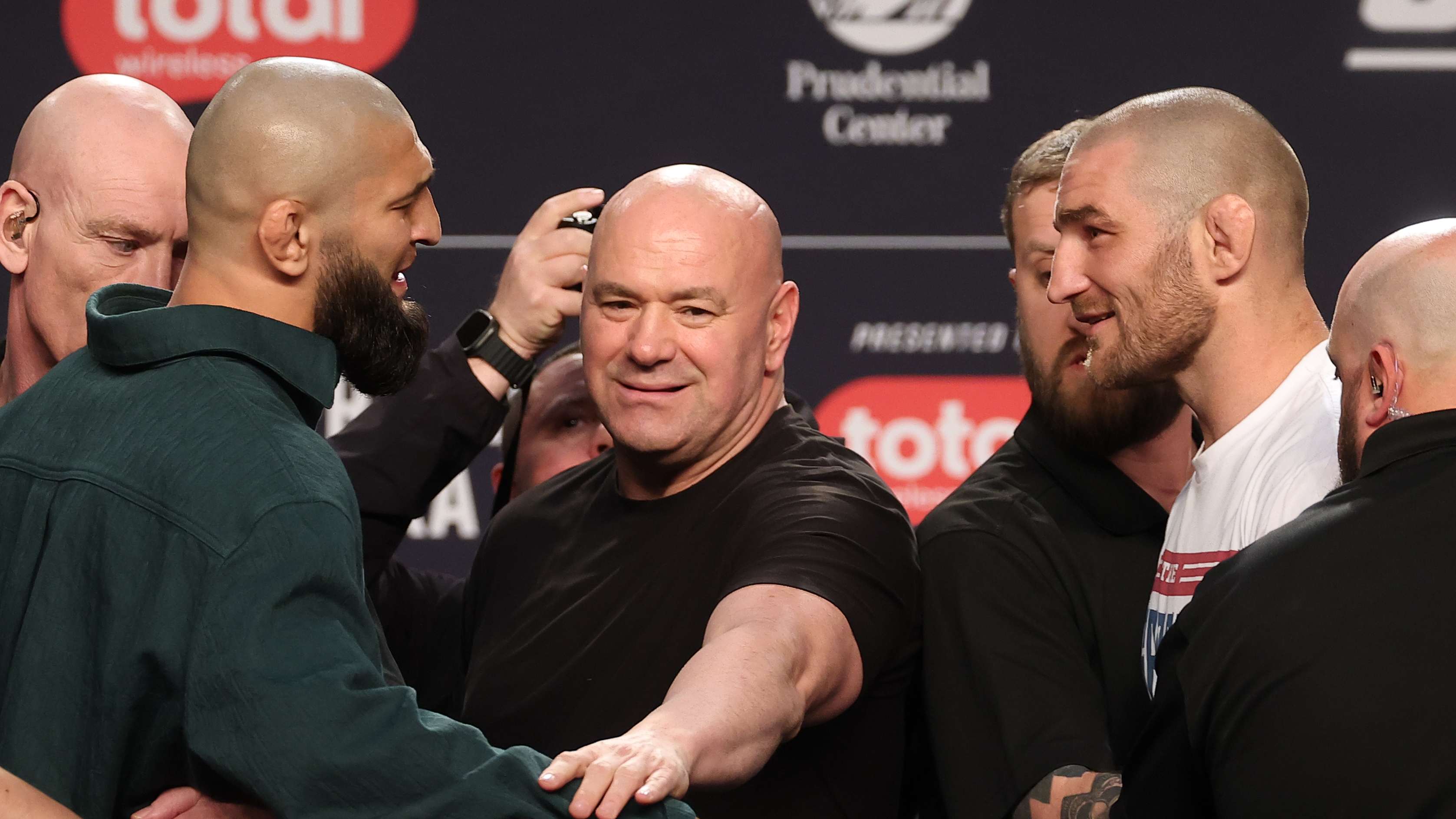 NEWARK, NEW JERSEY - MAY 07: (L-R) Opponents Khamzat Chimaev of Russia and Sean Strickland face off during the UFC 328 press conference at Prudential Center on May 07, 2026 in Newark, New Jersey. (Photo by Ed Mulholland/Zuffa LLC)