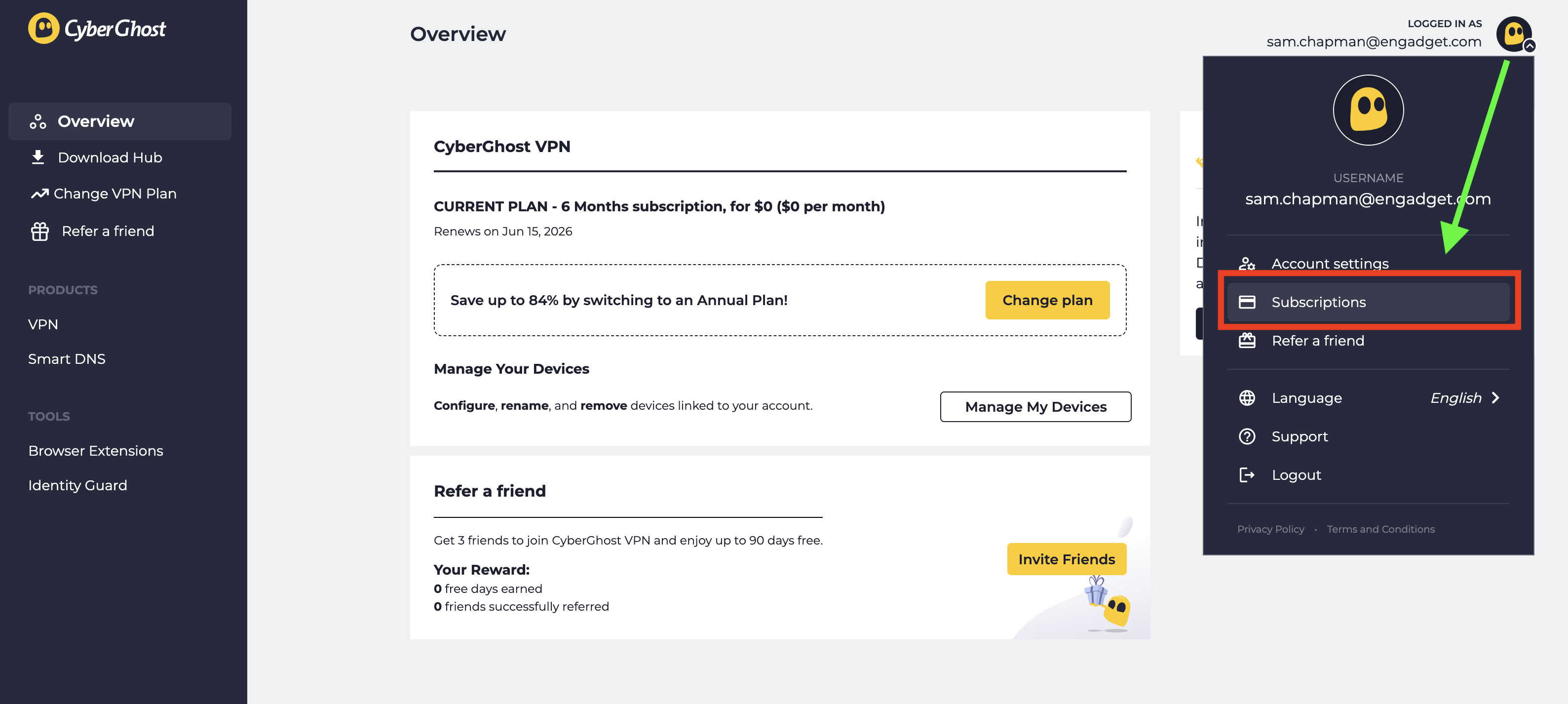 Click the logo at top-right, then click Subscriptions to manage auto-renewal.