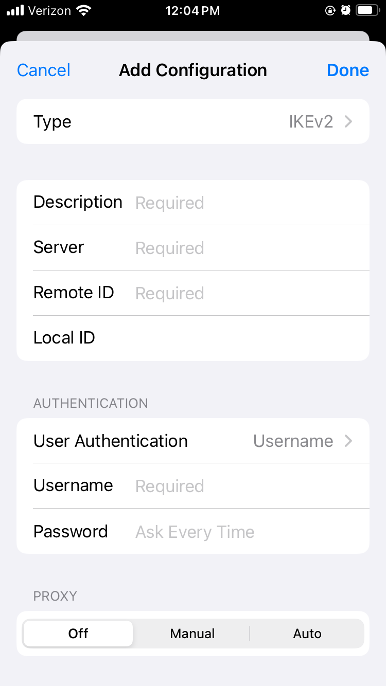 Manually setting up a VPN connection on iOS.