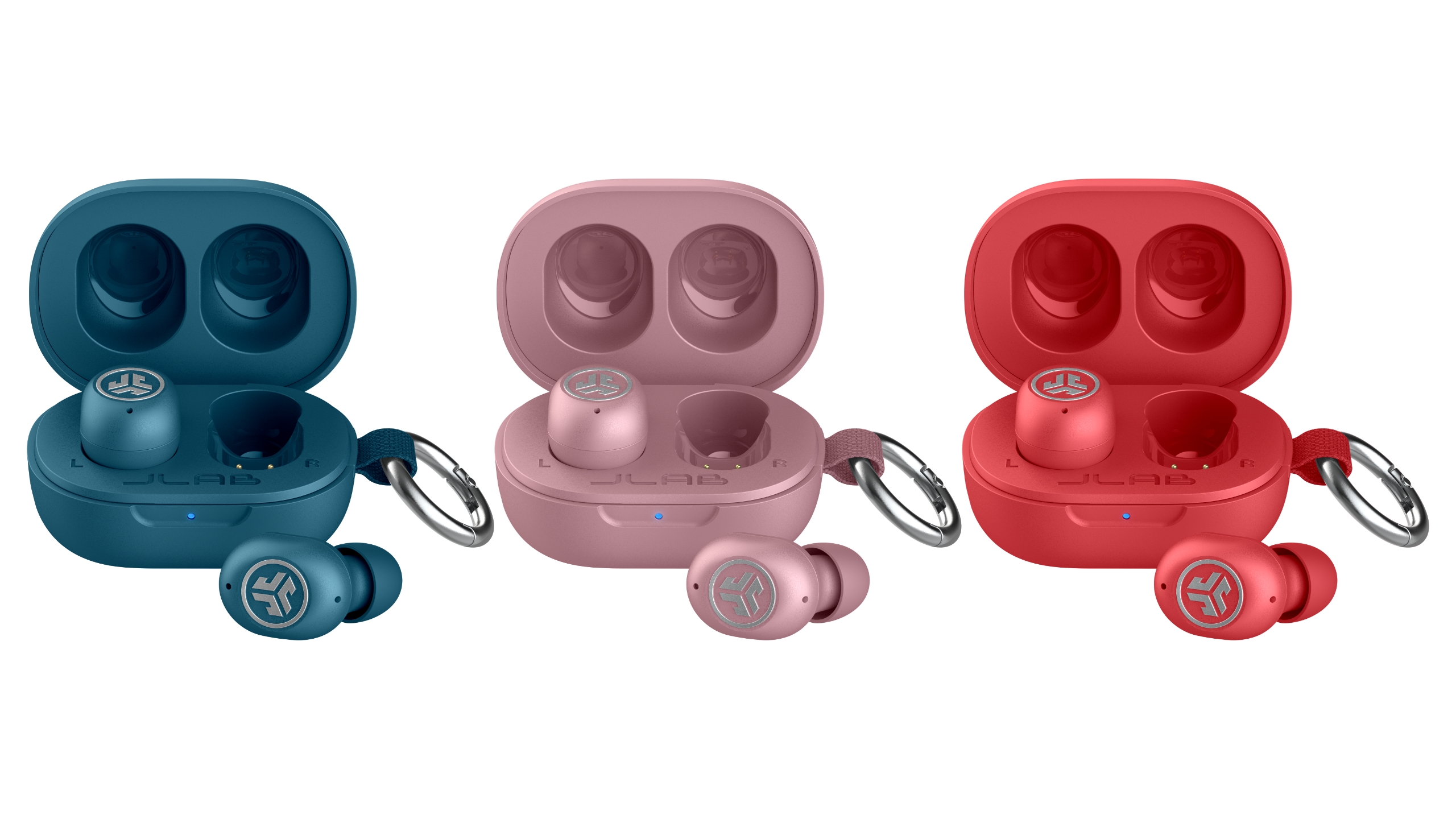 Blue, pink, and red versions of the JBuds Mini ANC earbuds in matching wireless charging cases.