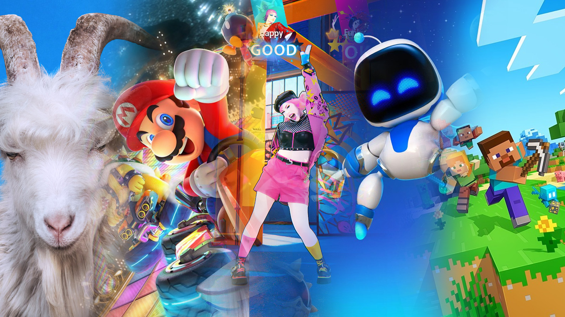 （圖源：模擬山羊3／瑪利歐賽車8豪華版／舞力全開2026／宇宙機器人／Minecraft）