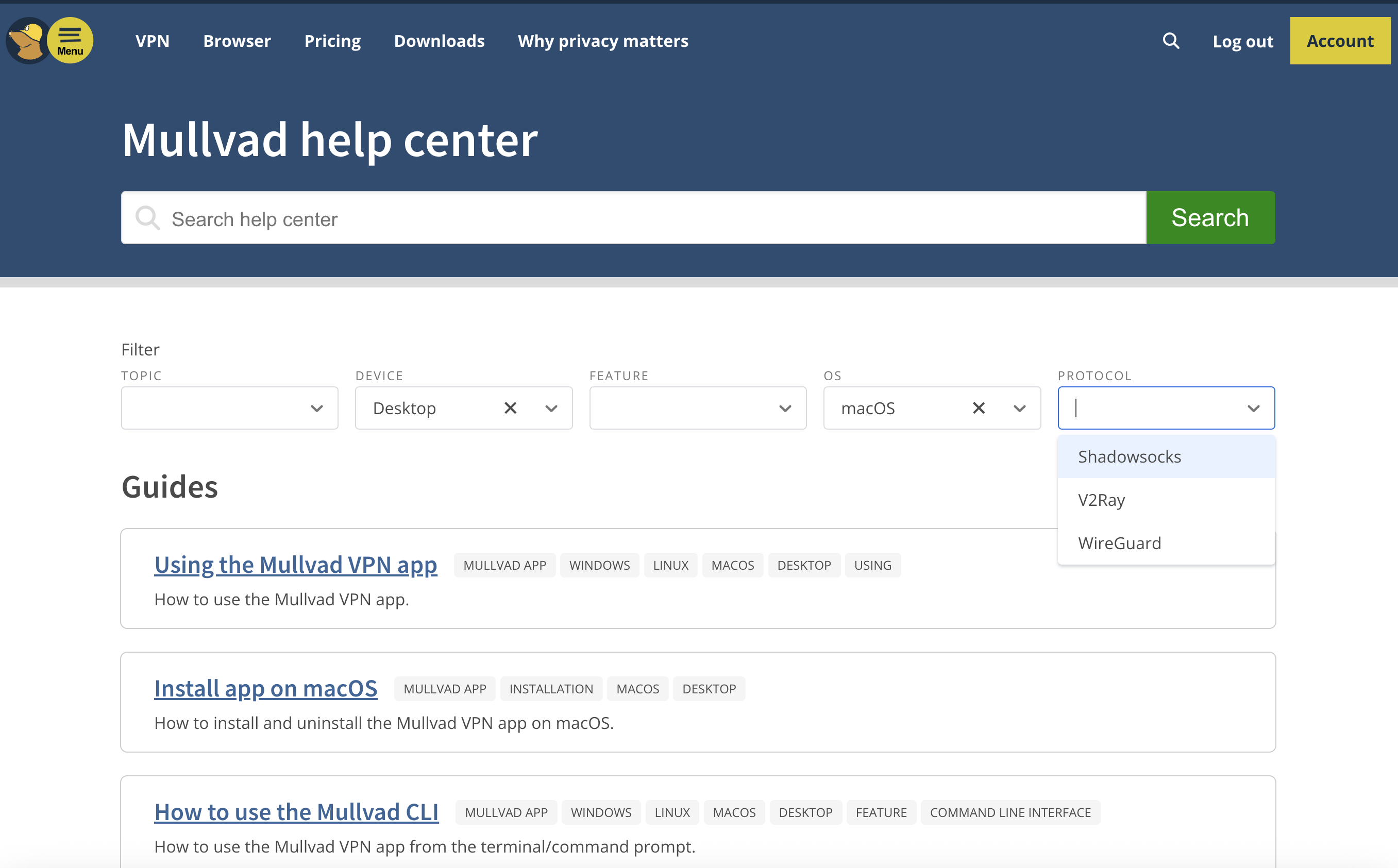Mullvad's help center, including the dropdown filter menus.