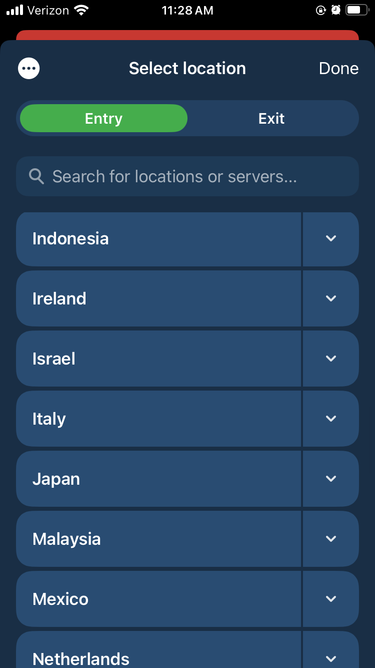 Mullvad's server list with multihop enabled.
