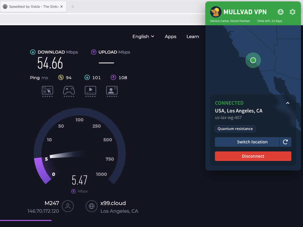 Speed-testing a Mullvad server in Los Angeles.