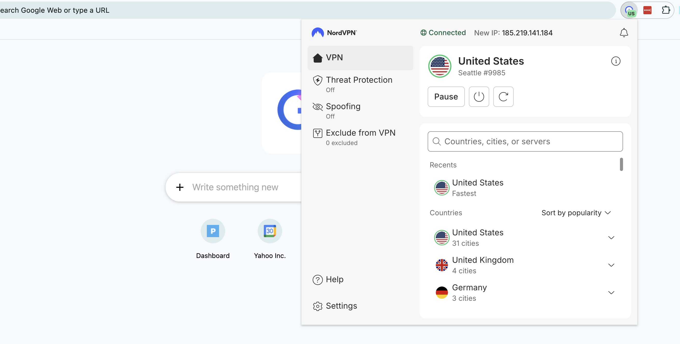 NordVPN browser extension on Chrome