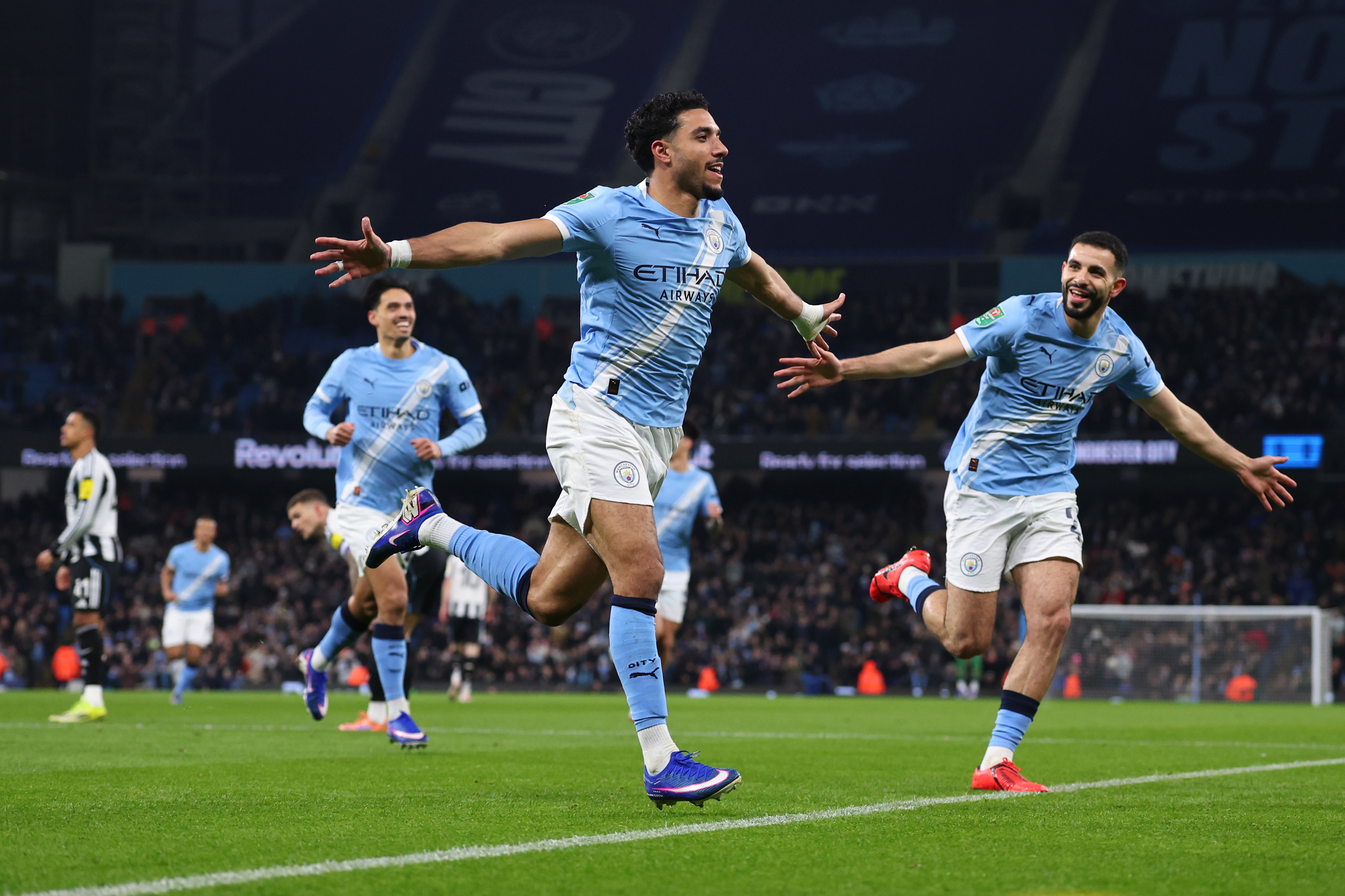 Omar Marmoush celebrates his first goal. (Marc Atkins/Getty Images)