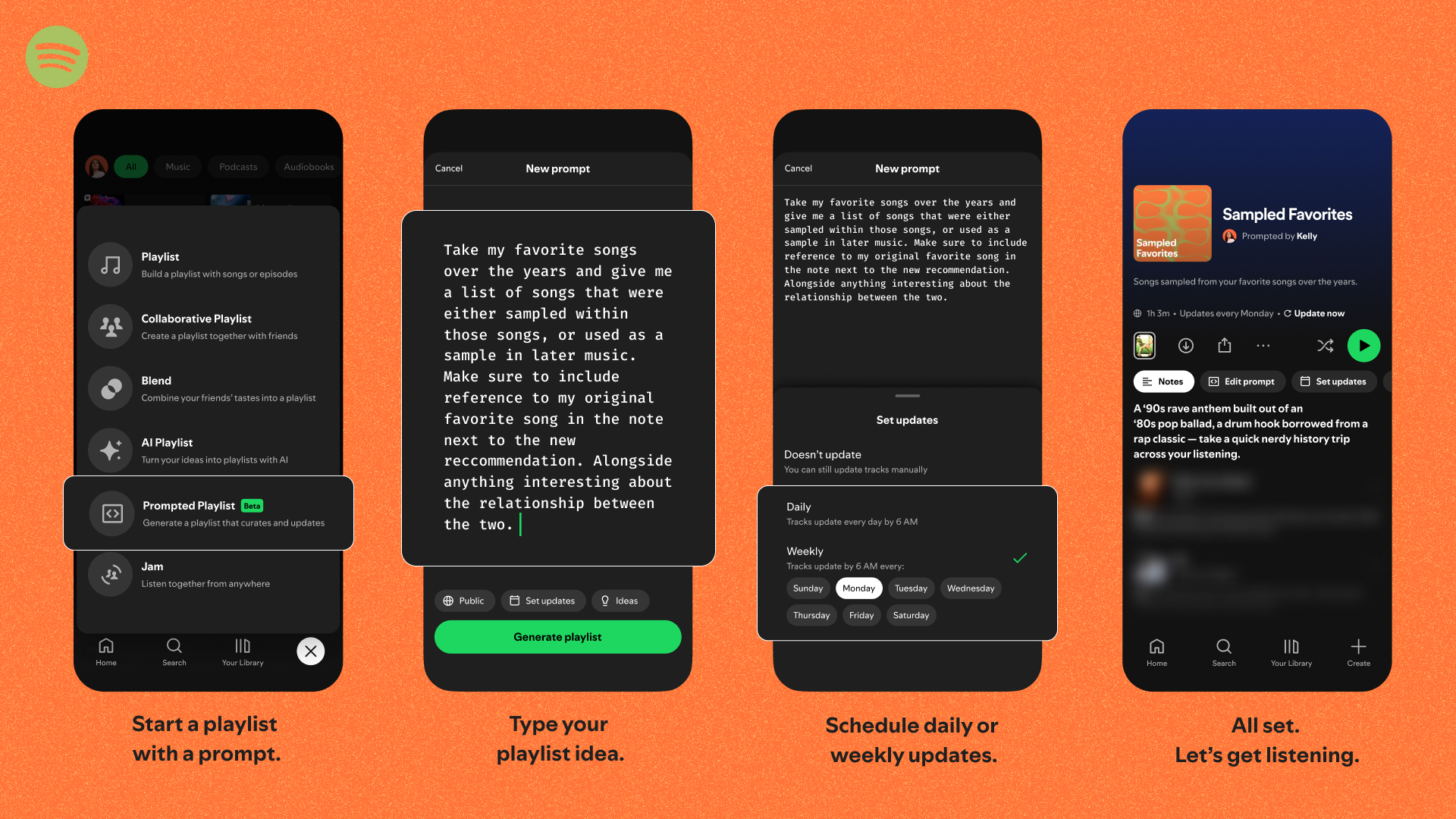 Four screens showing the steps to produce a Spotify Prompted Playlist