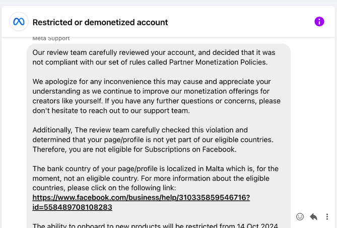 A chat with Meta Verified support in which Bouzad was told his accounts were demonetized because his bank was based in Malta. Bouzad says he's only ever banked with Wells Fargo.
