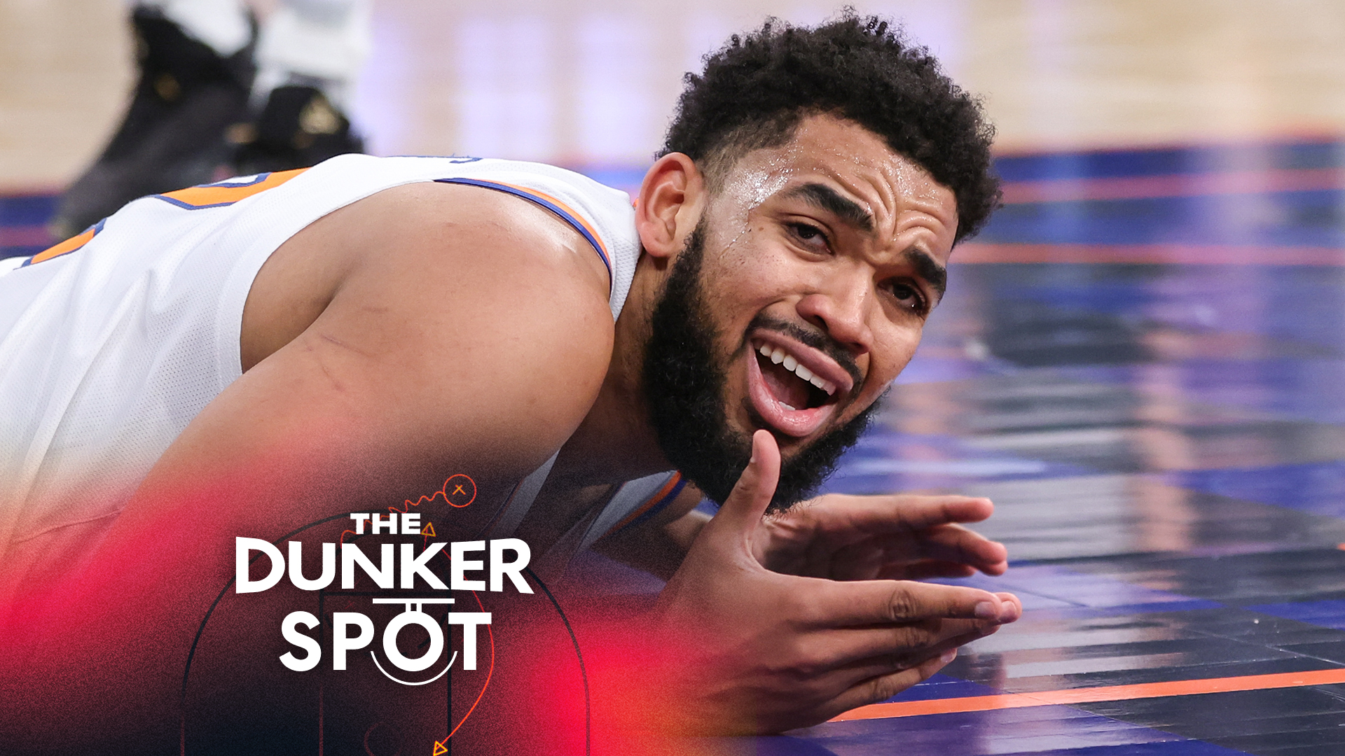 Jan 21, 2026; New York, New York, USA; New York Knicks center Karl-Anthony Towns (32) reacts after geting called for an offensive foul in the second quarter against the Brooklyn Nets at Madison Square Garden. Credit: Wendell Cruz-Imagn Images