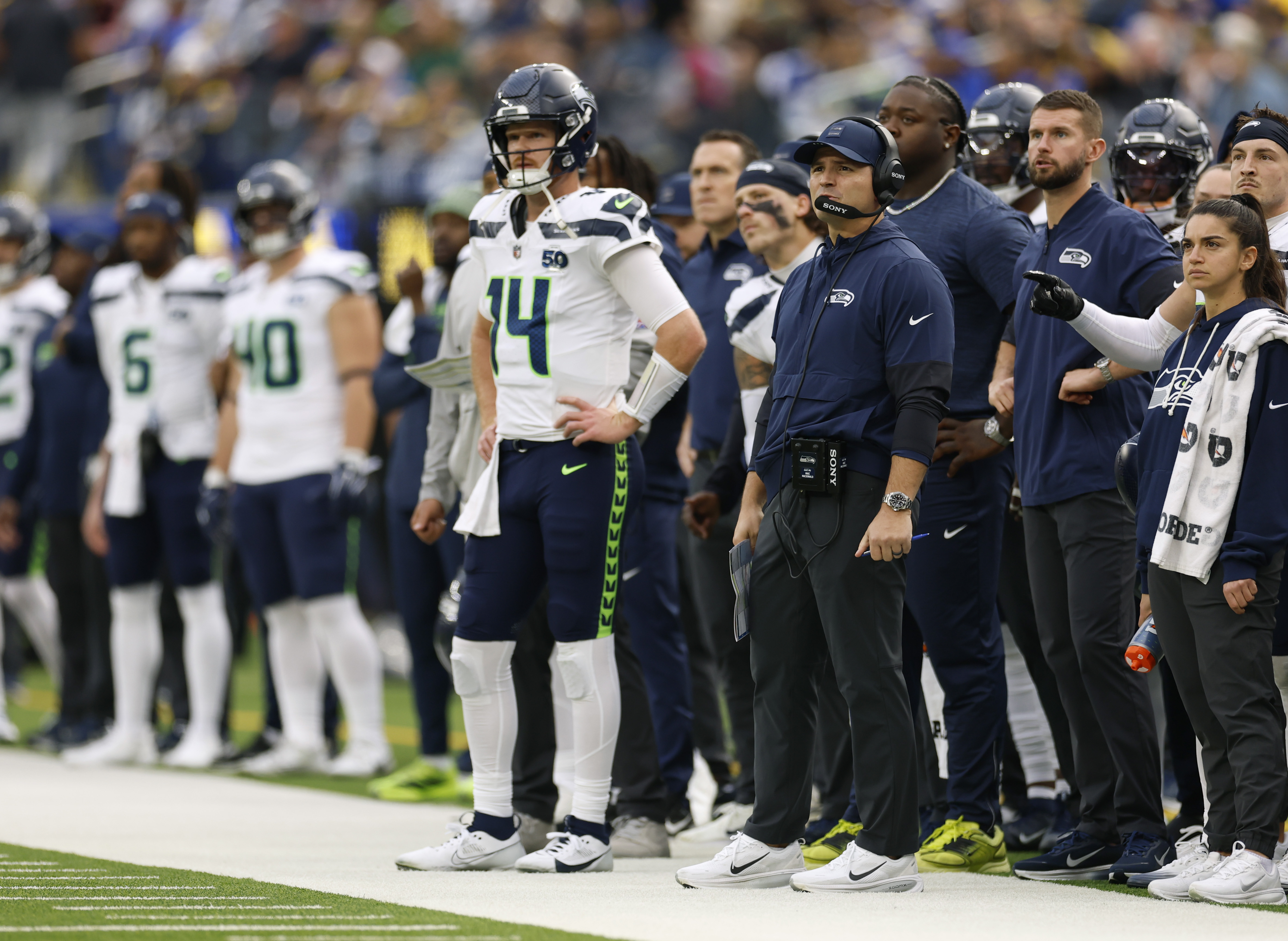 Sam Darnold and Mike Macdonald on the sidelines. (Harry How/Getty Images)