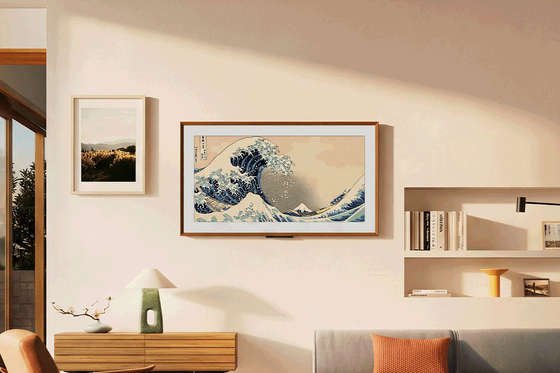 An animated GIF showing the Ember Artline TV in various rooms and settings with varying decor.