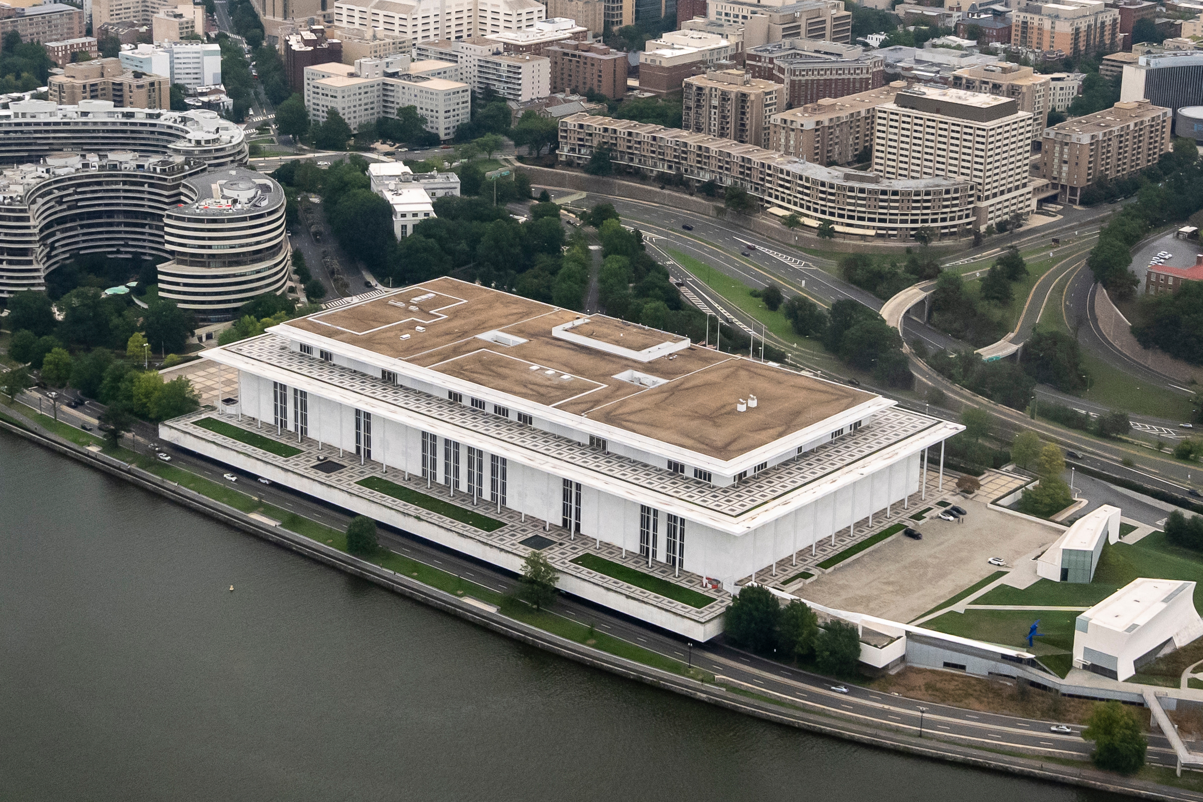 The John F. Kennedy Center for the Performing Arts is seen from the air, Sunday, Aug. 30, 2026, in Washington.