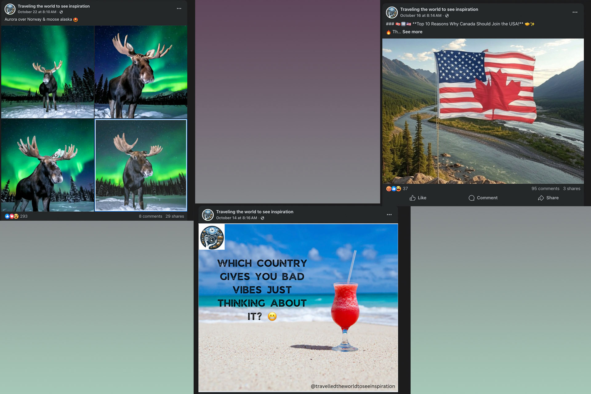 Example of recent posts from one of Bouzad's travel-themed pages on Facebook.