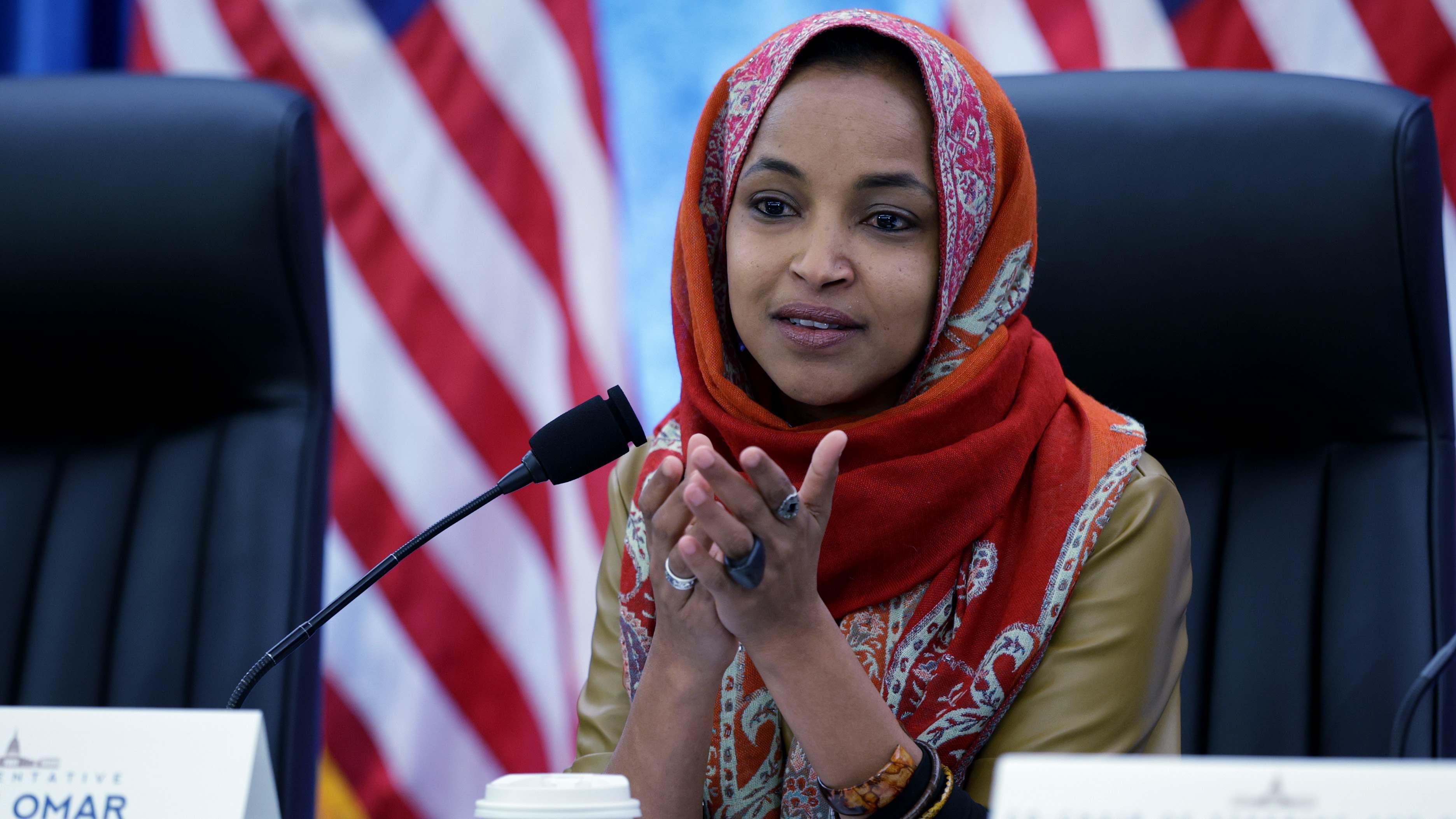 U.S. Representative Ilhan Omar speaking at a town hall event.
