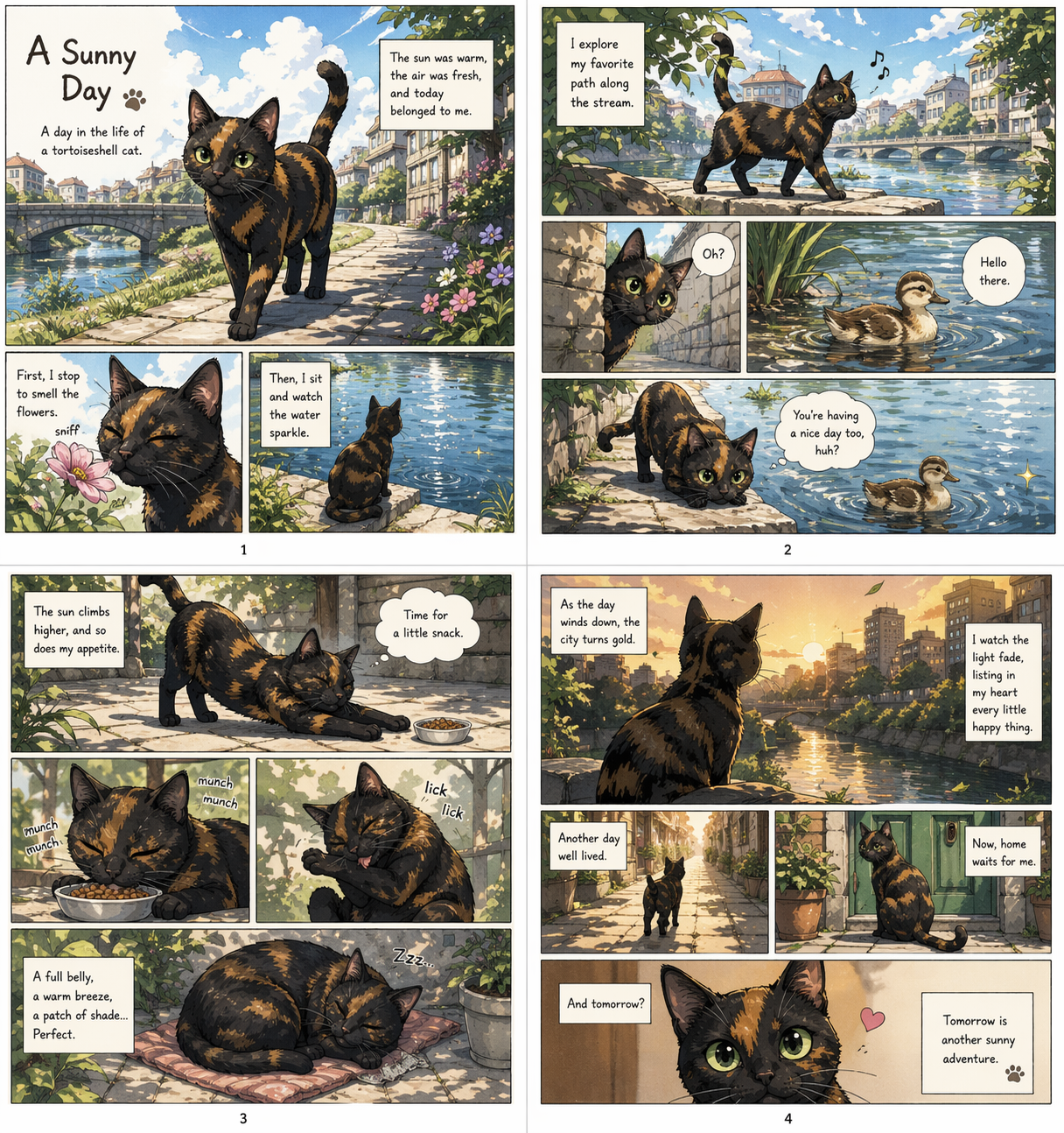 A manga generated by ChatGPT about a cat enjoying a sunny day. 