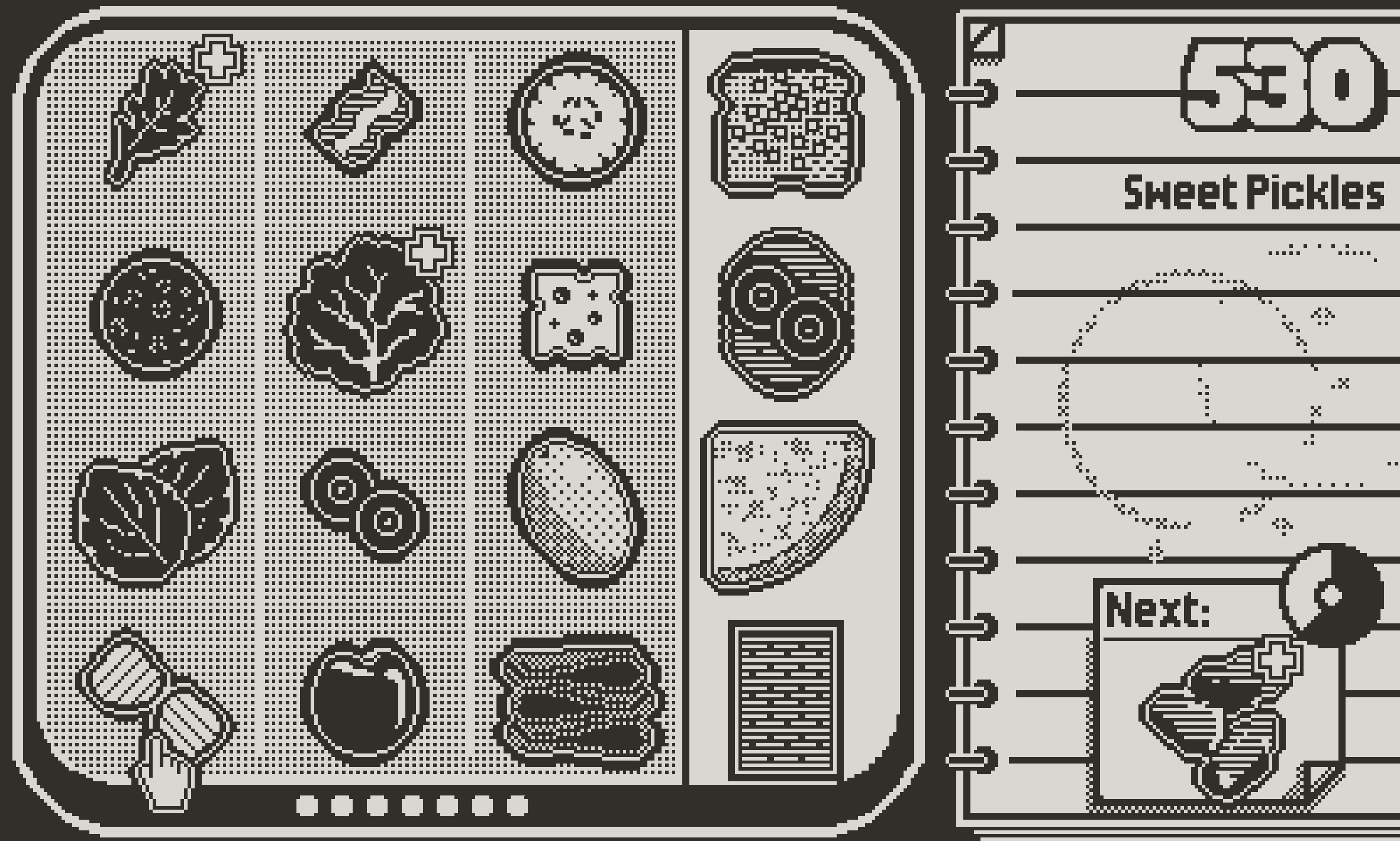 A still from the Playdate game Cheese n Crackers showing a cutting board with various meats, vegetables, cheeses and crackers