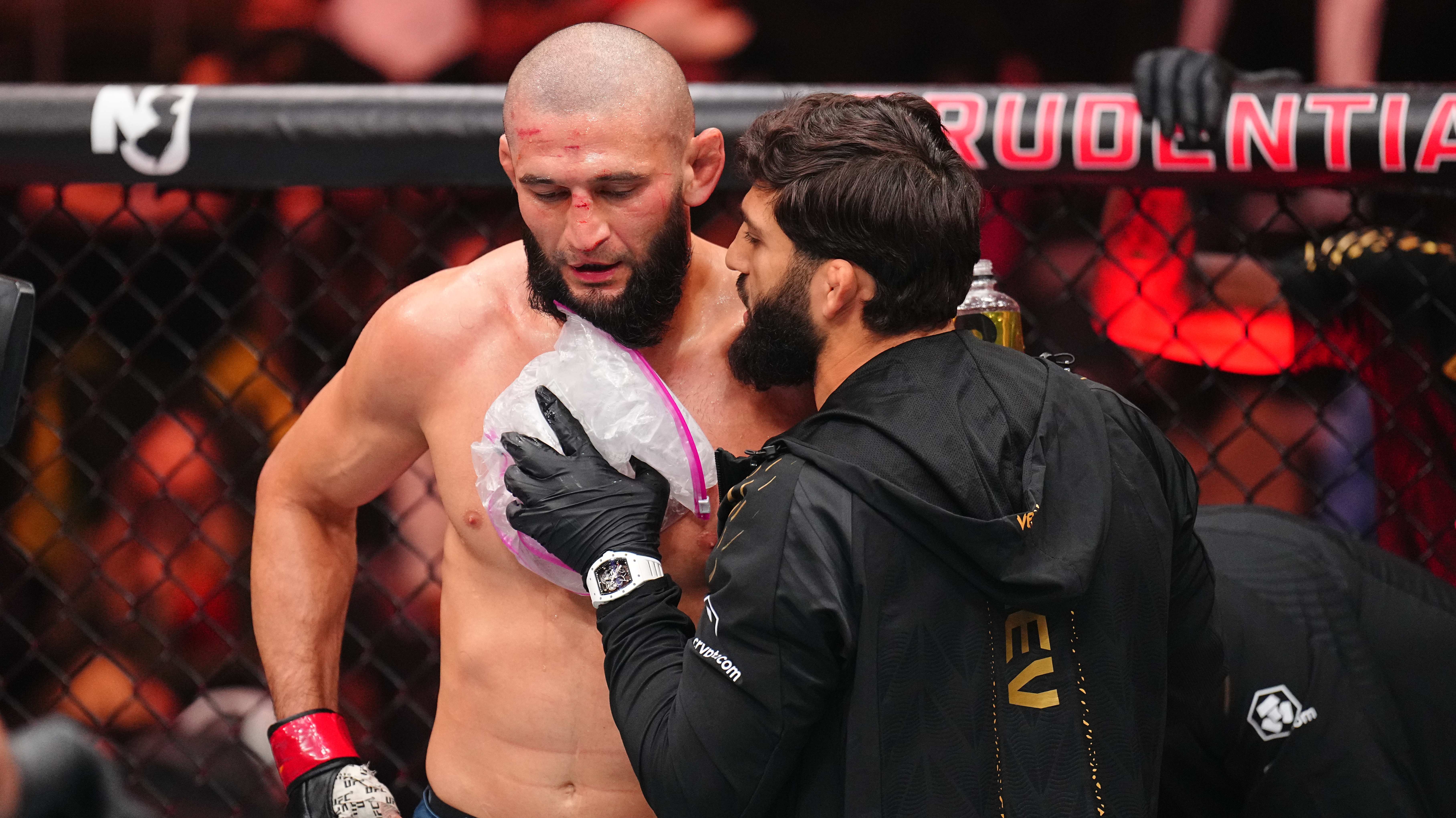 NEWARK, NEW JERSEY - MAY 09: Arman Tsarukyan coaches Khamzat Chimaev between rounds of the UFC middleweight championship fight during the UFC 328 event at Prudential Center on May 09, 2026 in Newark, New Jersey. (Photo by Chris Unger/Zuffa LLC)