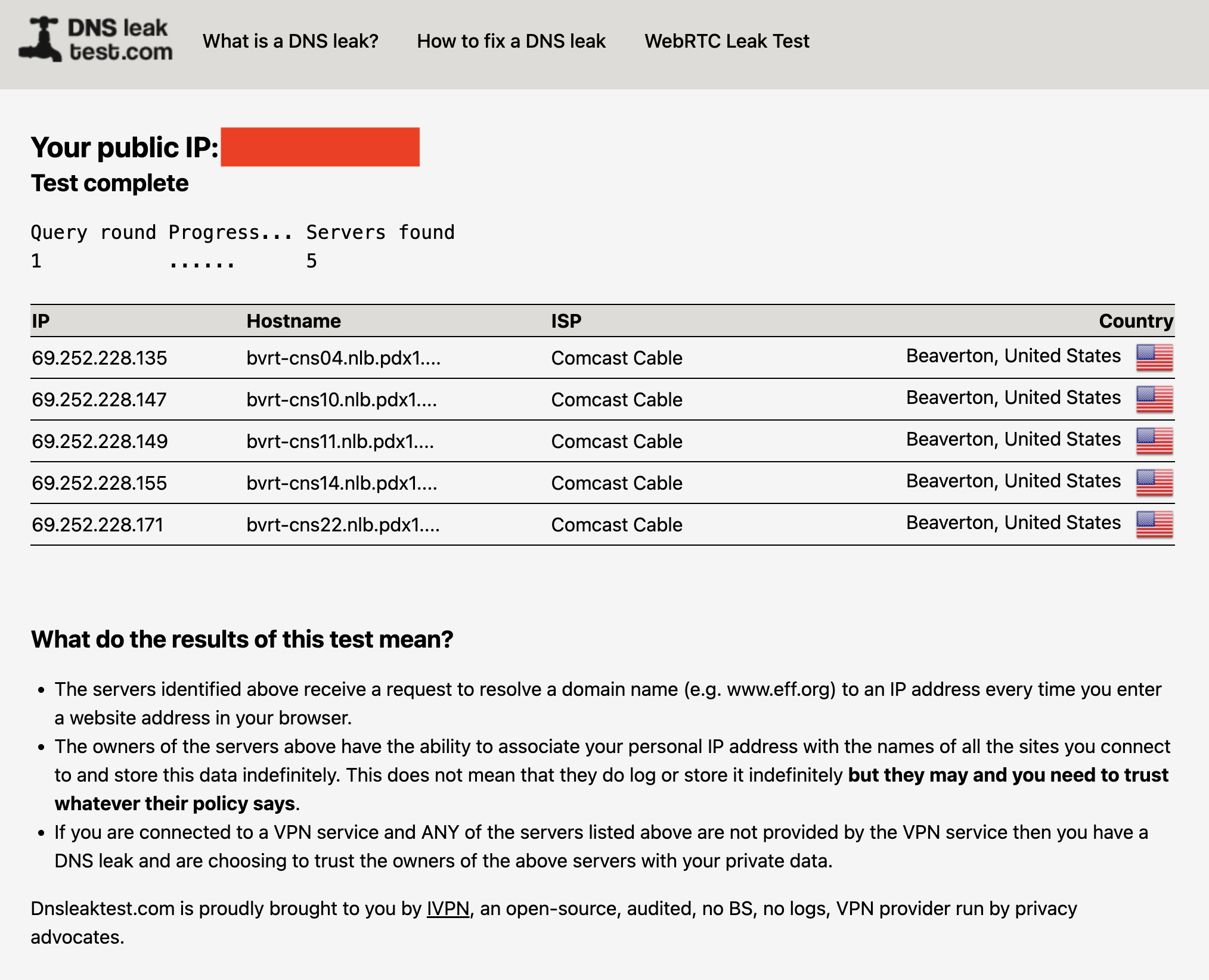 A DNS leak test run without a VPN. With one active, my real ISP (Comcast) should not appear on the list.