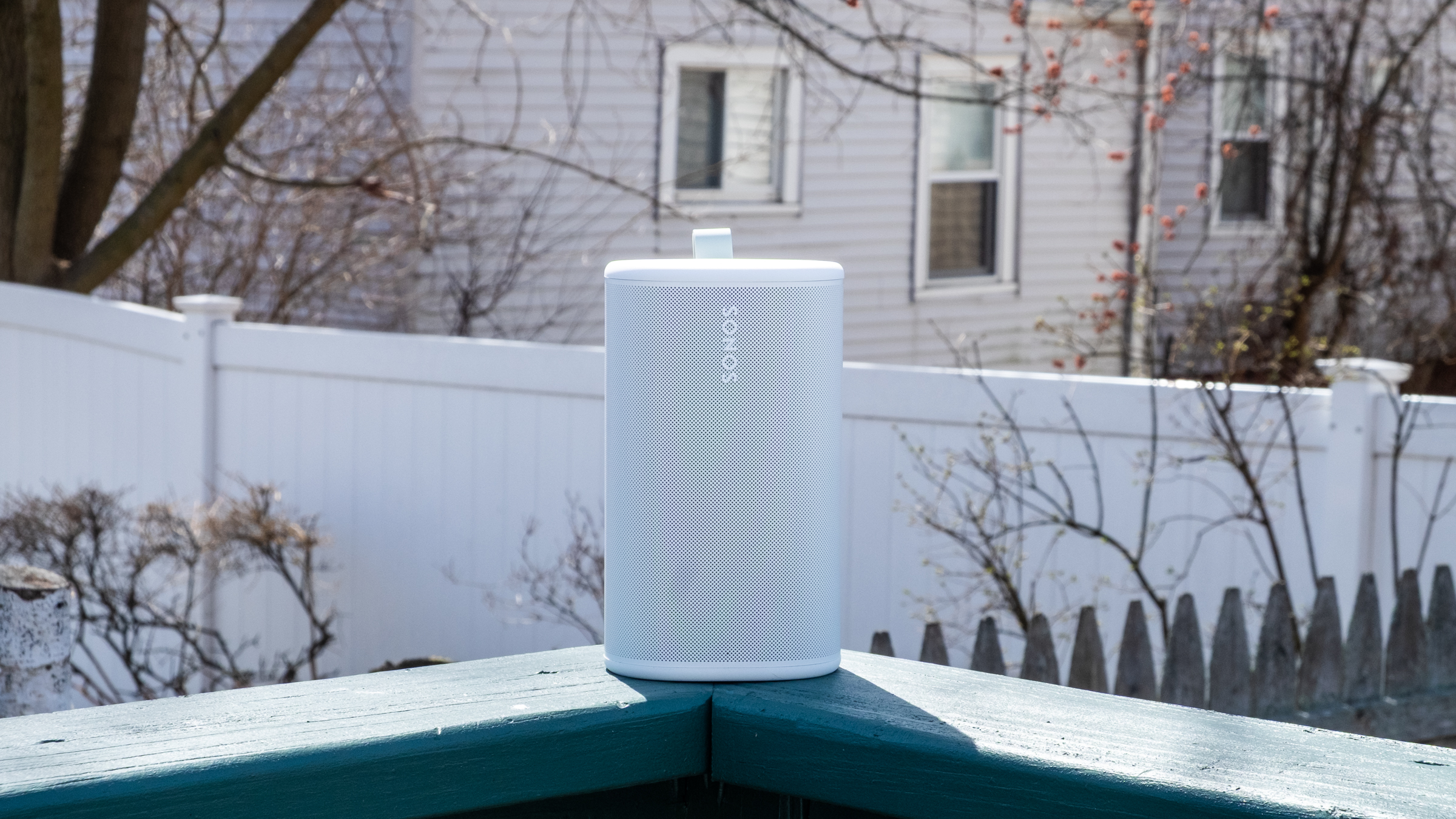 Sonos Play speaker sitting outside.
