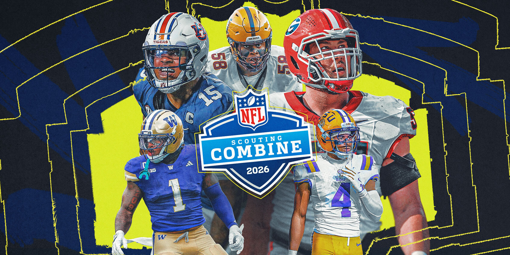 Who are a few of the most important prospects to watch next week at the NFL scouting combine? Pictured, going clockwise, are Arizona State's Max Iheanachor, Georgia's Monroe Freeling, LSU's Mansoor Delane, Washington's Jonah Coleman and Auburn's Keldric Faulk.  (Taylor Wilhelm/Yahoo Sports)