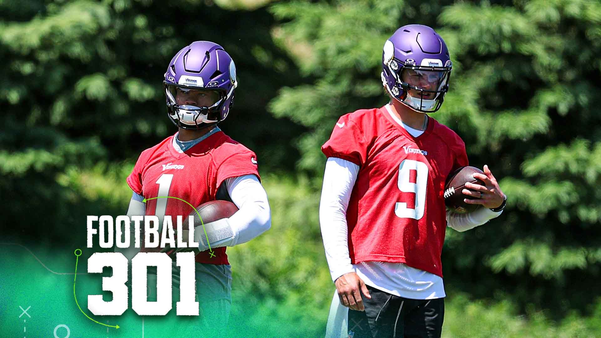 EAGAN, MINNESOTA - MAY 27: Kyler Murray #1 and J.J. McCarthy #9 of the Minnesota Vikings look on during an OTA workout at Twin Cities Orthopedics Performance Center on May 27, 2026 in Eagan, Minnesota. (Photo by David Berding/Getty Images)