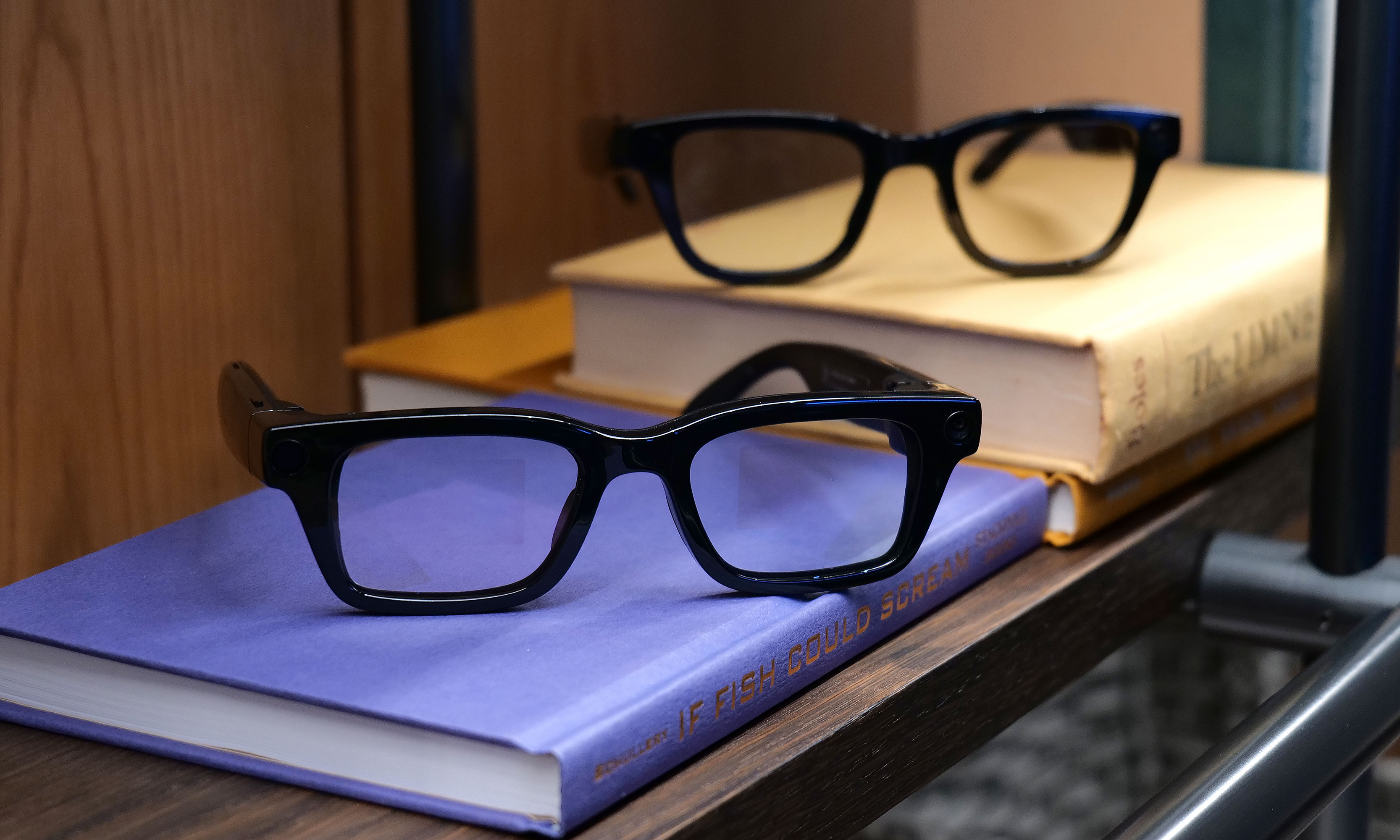 Here are two of Google's reference model smart glasses. The one in the front features dual RGB waveguide displays while the one in the back relies on a single monocular screen.