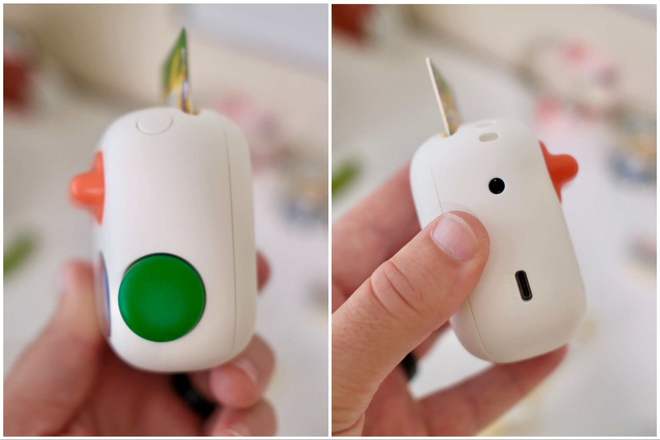 Green button on the right; 3.5mm jack and USB-C charging port on the right