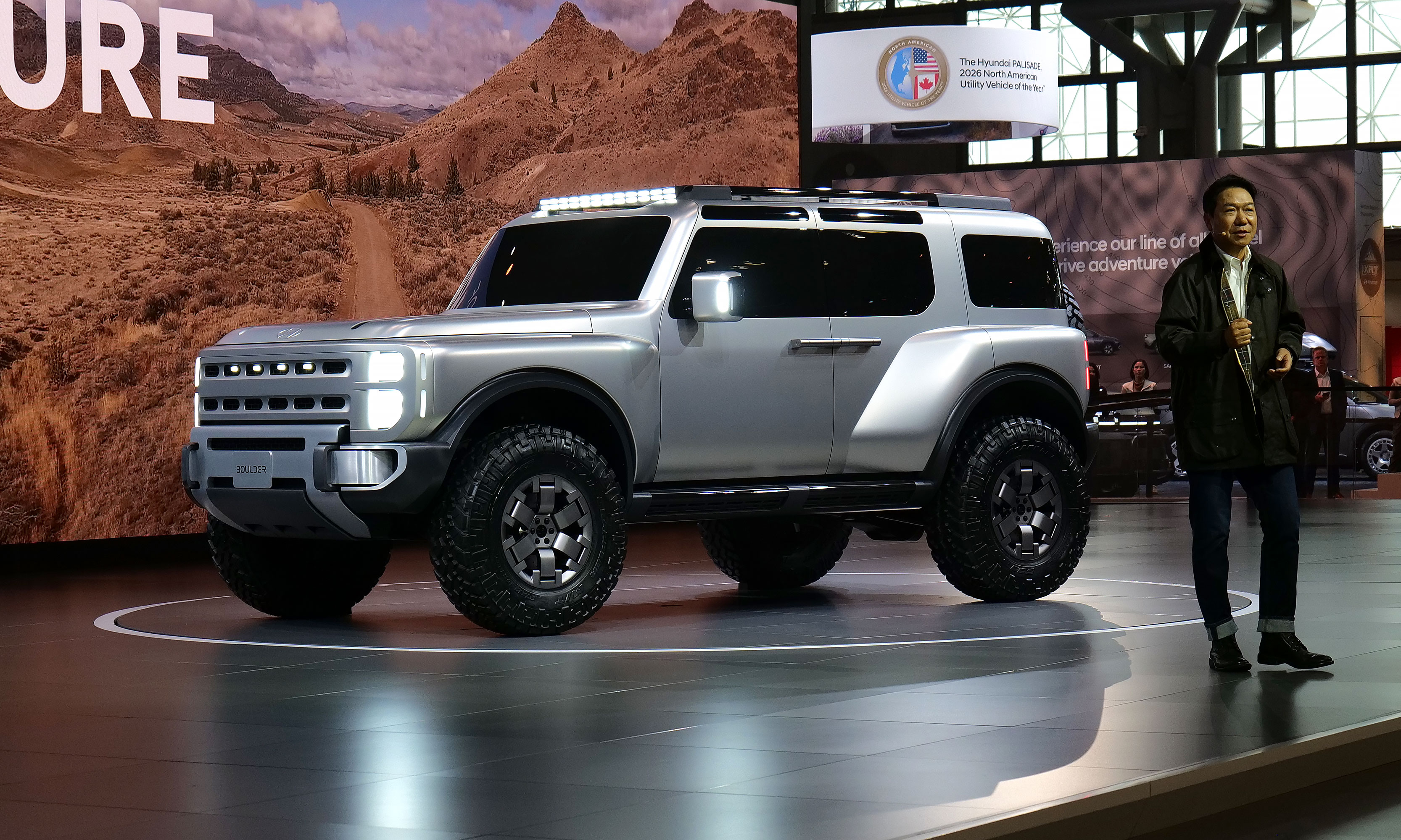 Hyundai's SangYup Lee on stage to show off the new Boulder SUV concept. 