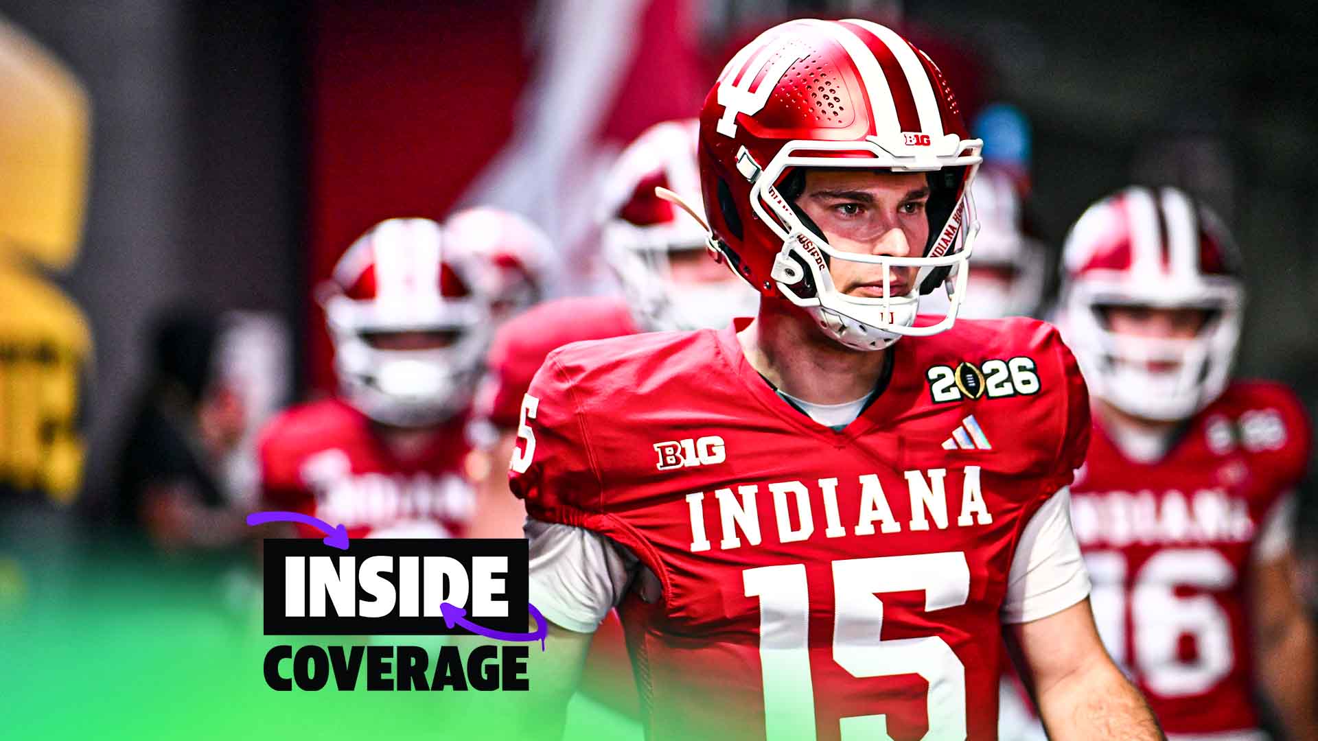 MIAMI GARDENS, FLORIDA - JANUARY 19: Fernando Mendoza #15 of the Indiana Hoosiers takes the field during pregame warmups before the 2026 CFP National Championship between the Indiana Hoosiers and the Miami Hurricanes at Hard Rock Stadium on January 19, 2026 in Miami Gardens, Florida. (Photo by CFP/Getty Images)