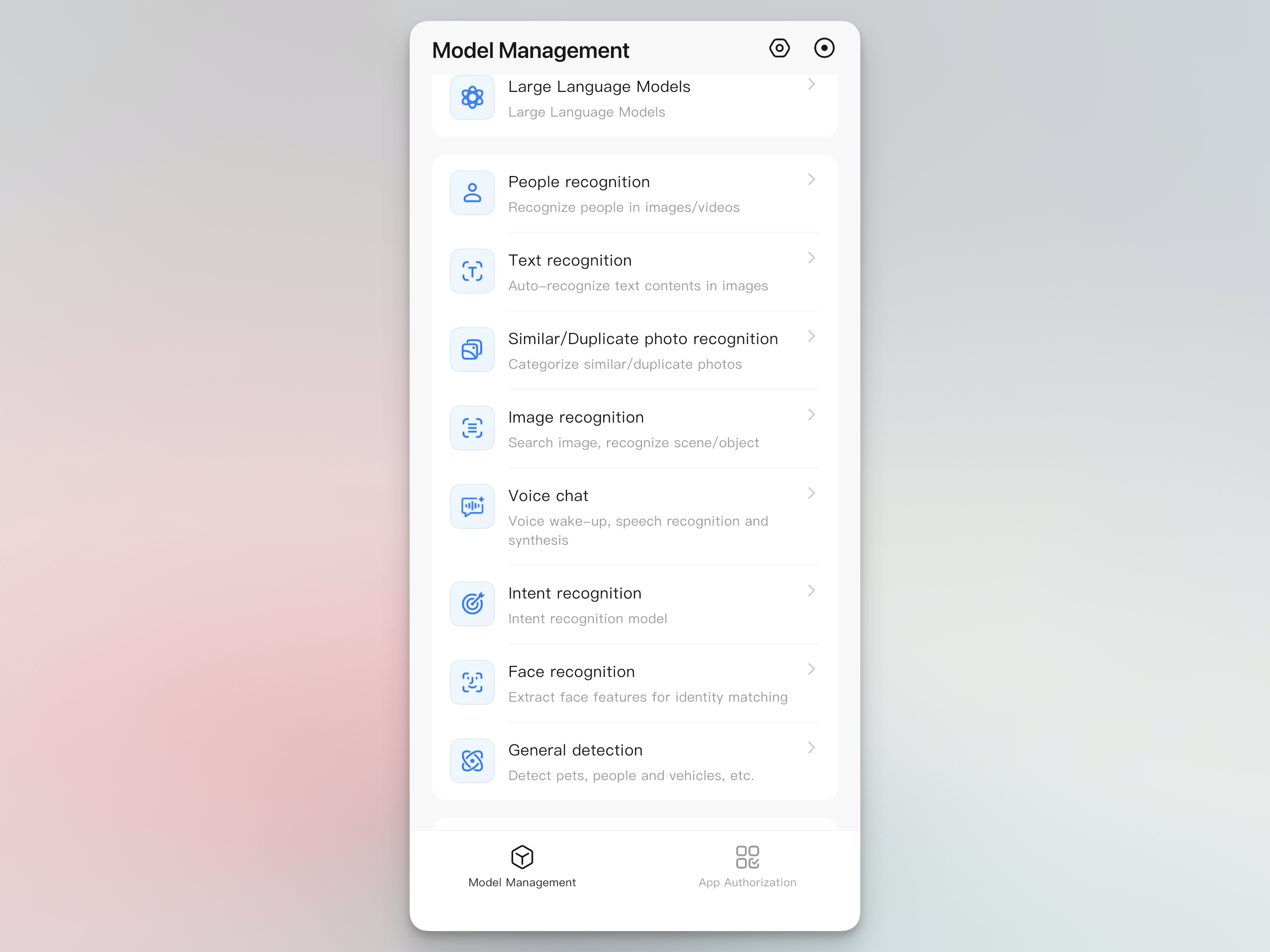 app interface showing AI models