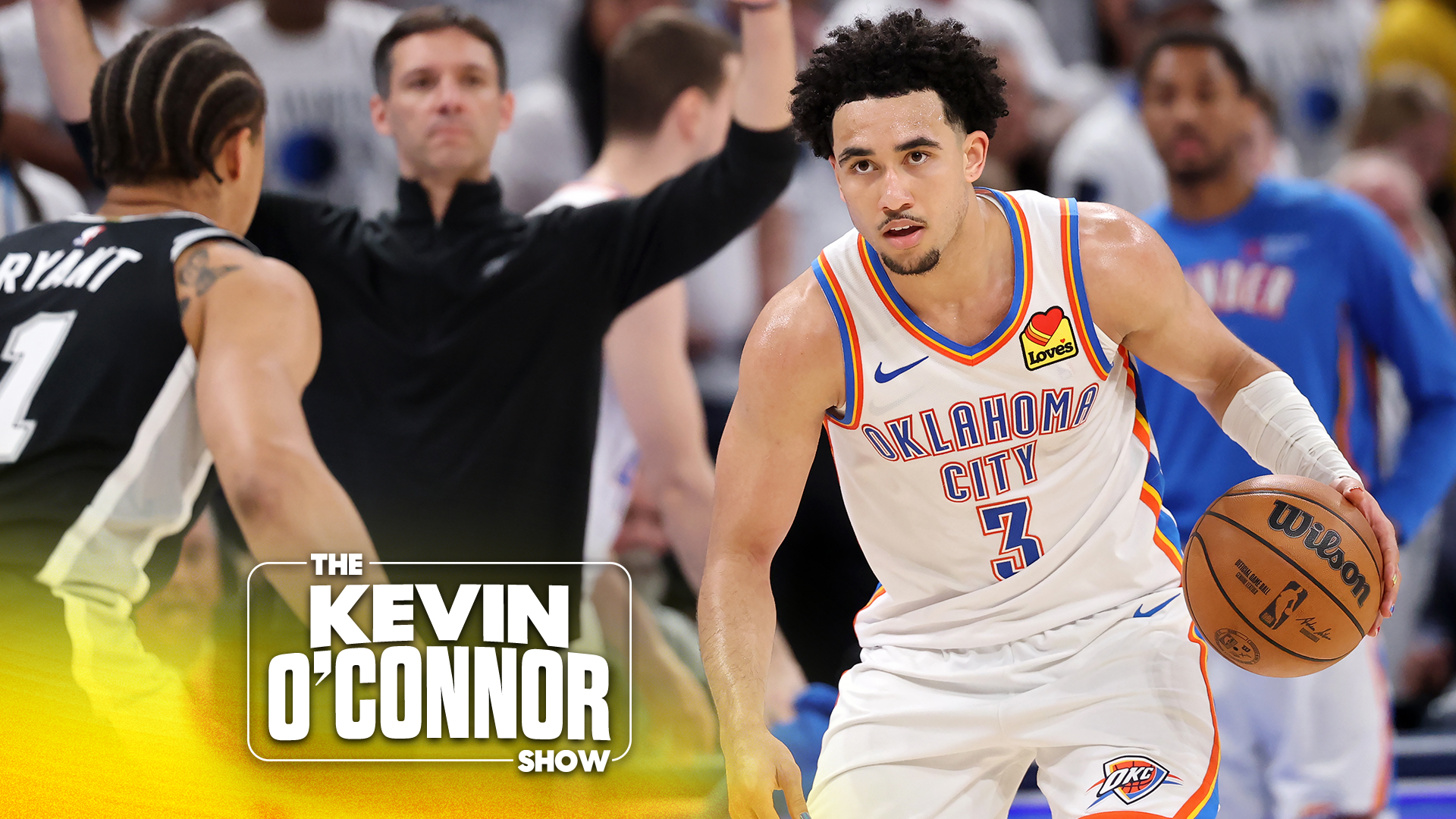 Jared McCain of the Oklahoma City Thunder dribbles against the San Antonio Spurs during the fourth quarter of a game in Game Five of the NBA Western Conference Finals at Paycom Center on May 26, 2026 in Oklahoma City, Oklahoma. (Photo by Christian Petersen/Getty Images)
