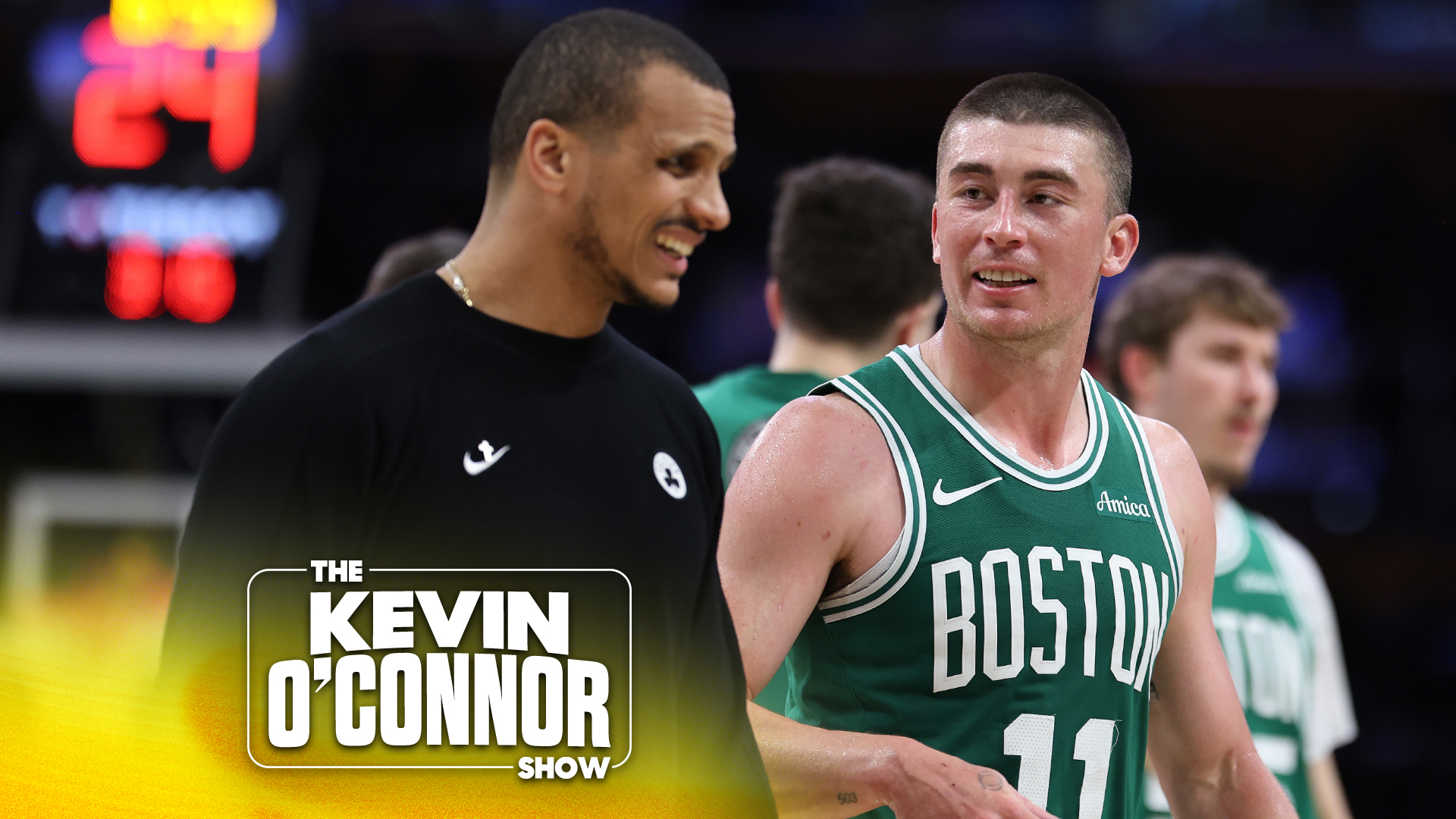 LOS ANGELES, CALIFORNIA - FEBRUARY 22: Payton Pritchard #11 of the Boston Celtics talks to head coach Joe Mazulla during the second half of their game against the Los Angeles Lakers at Crypto.com Arena on February 22, 2026 in Los Angeles, California. (Photo by Luiza Moraes/Getty Images)