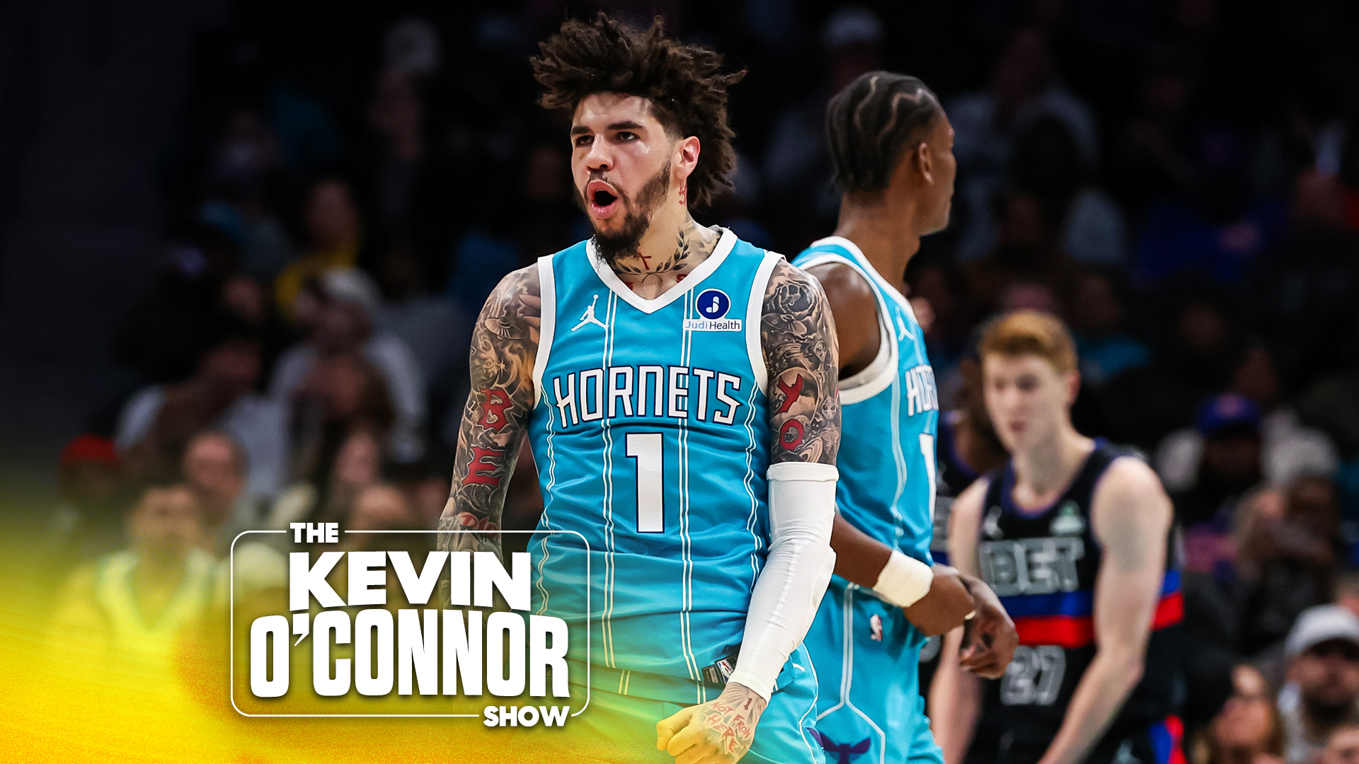 CHARLOTTE, NORTH CAROLINA - FEBRUARY 09: LaMelo Ball #1 of the Charlotte Hornets reacts after a play during the first half of a basketball game against the Detroit Pistons at Spectrum Center on February 09, 2026 in Charlotte, North Carolina. (Photo by David Jensen/Getty Images)