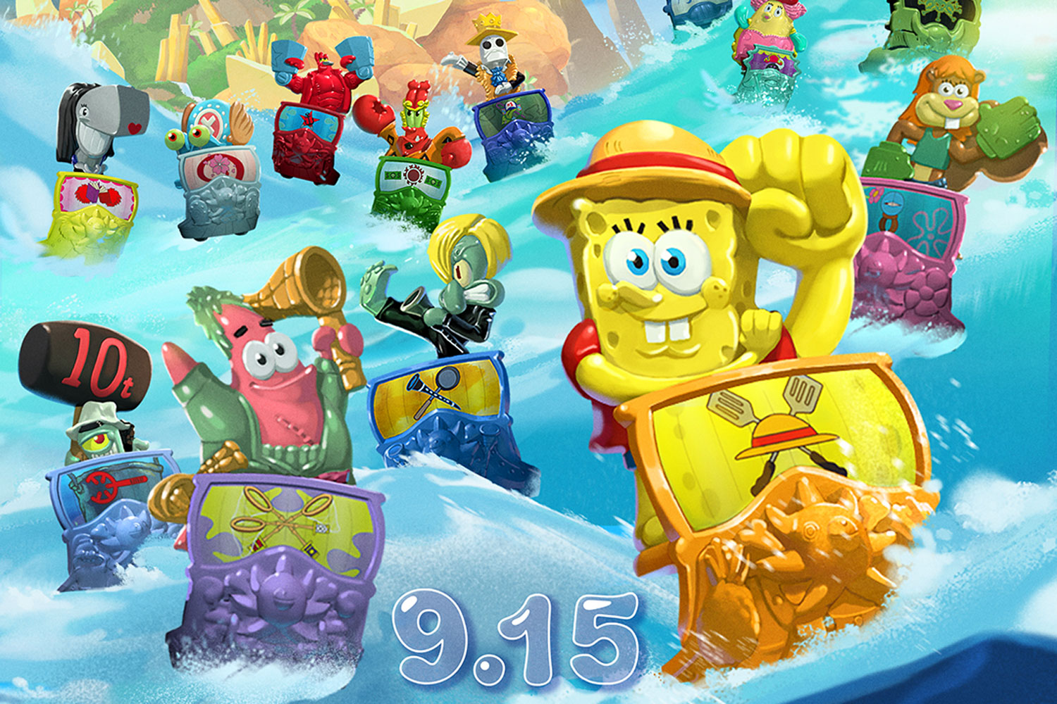 Official crossover promotional image featuring SpongeBob as Luffy and additional collectible characters