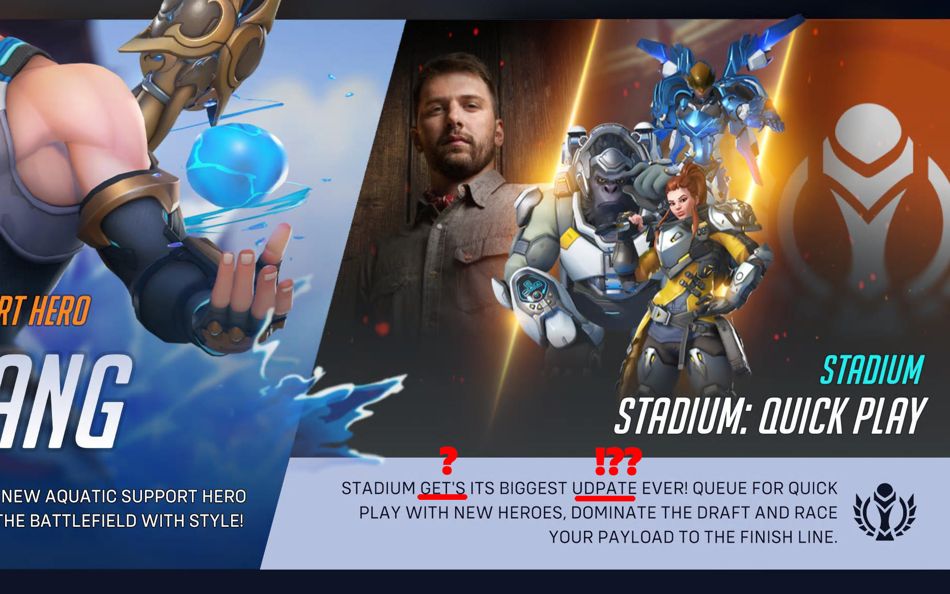 A screenshot of Overwatch 2 Season 18's welcome screen, annotated with question marks above copy errors. Gets has a misplaced apostrophe, and the word update has been misspelled udpate.