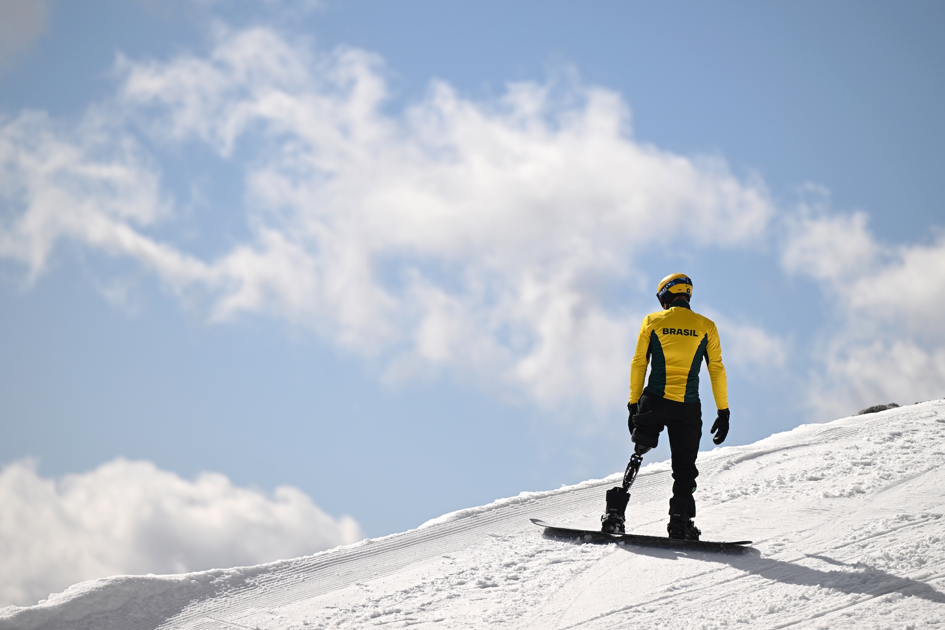 Brazilian Paralympic snowboarder Andre Barbieri during Wednesday's training session in Cortina. (Dario Belingheri/Getty Images)