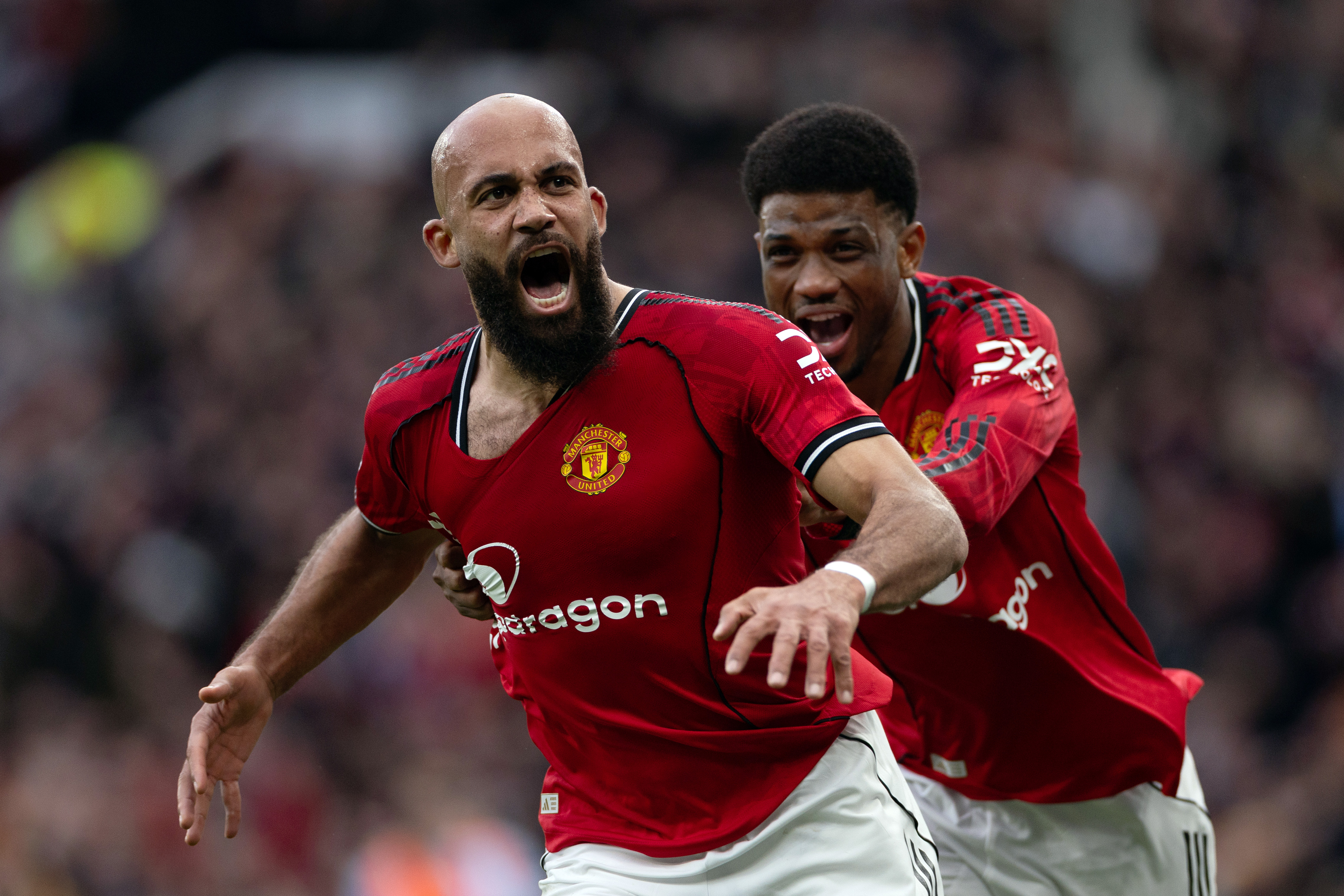 Bryan Mbeumo celebrates scoring United's first goal. (Joe Prior/Visionhaus via Getty Images)