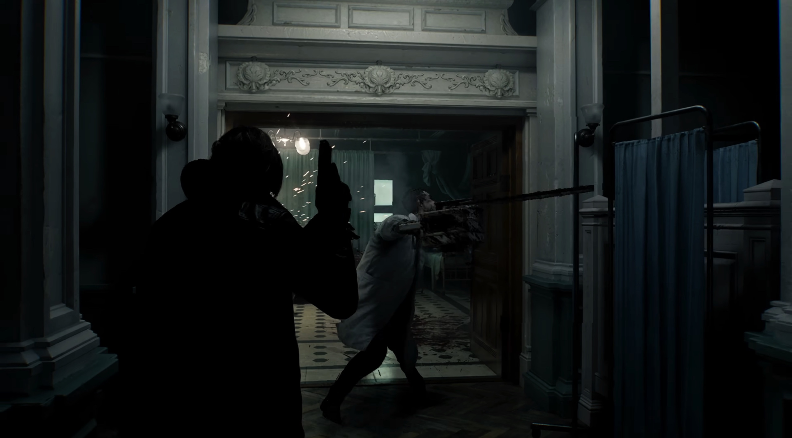 Leon faces off against a chainsaw-wielding doctor zombie. Best cut that arm off.