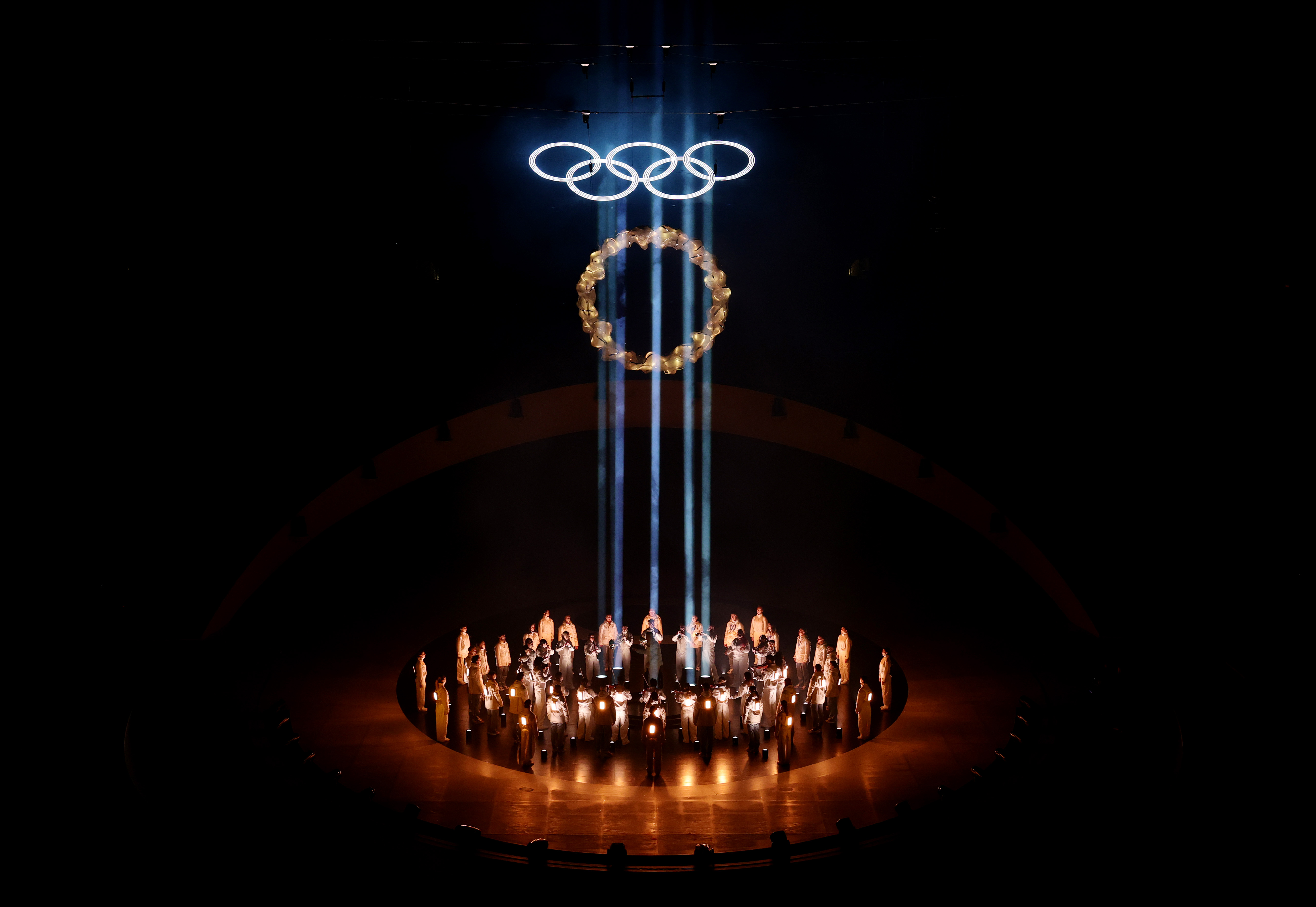 The Olympic rings are displayed during the Closing Ceremony. (Andreas Rentz/Getty Images)