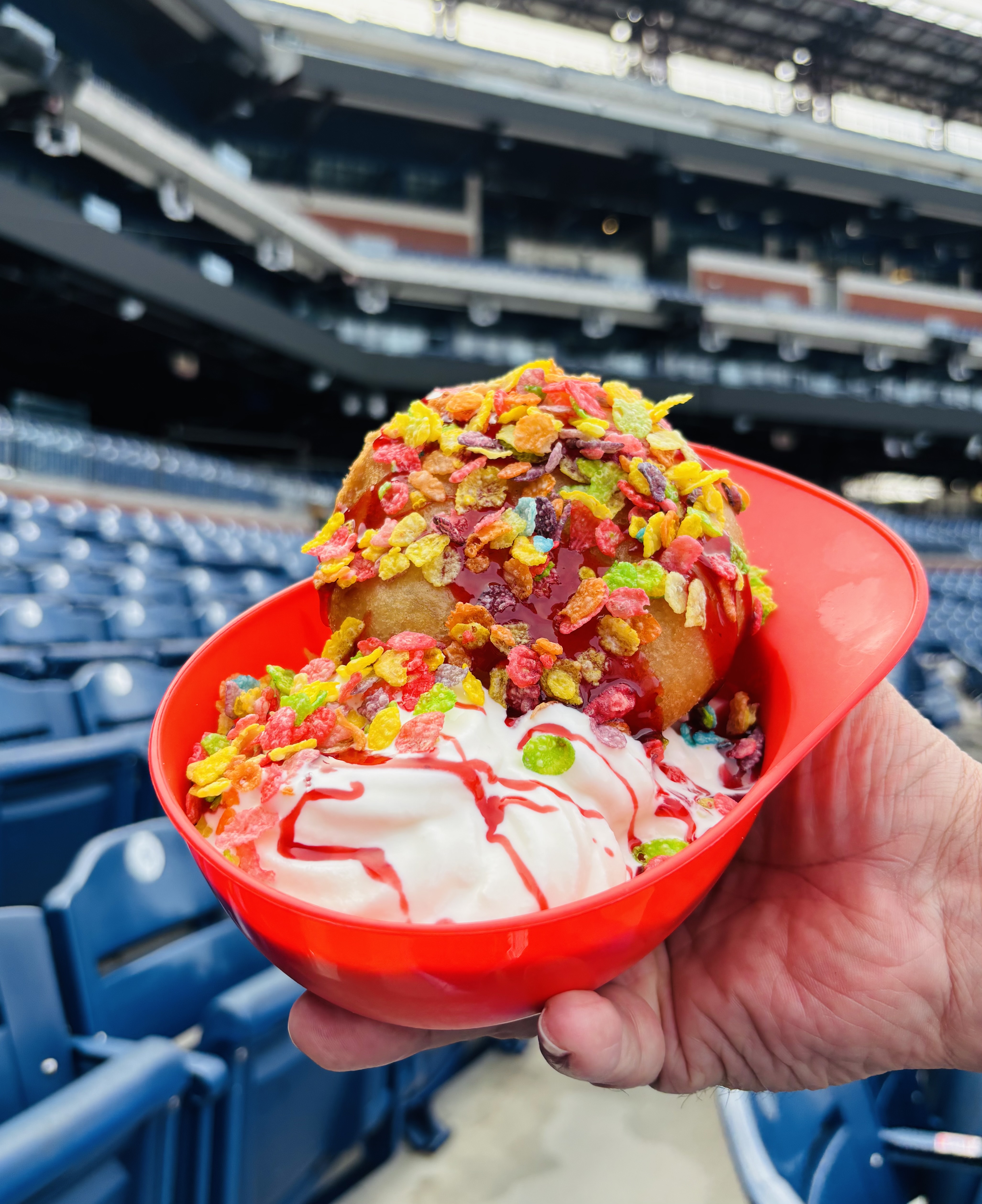 The Schwarbomb Sundae is a helmet filled with ice cream and a deep fried Uncrustable. (Courtesy of Aramark)
