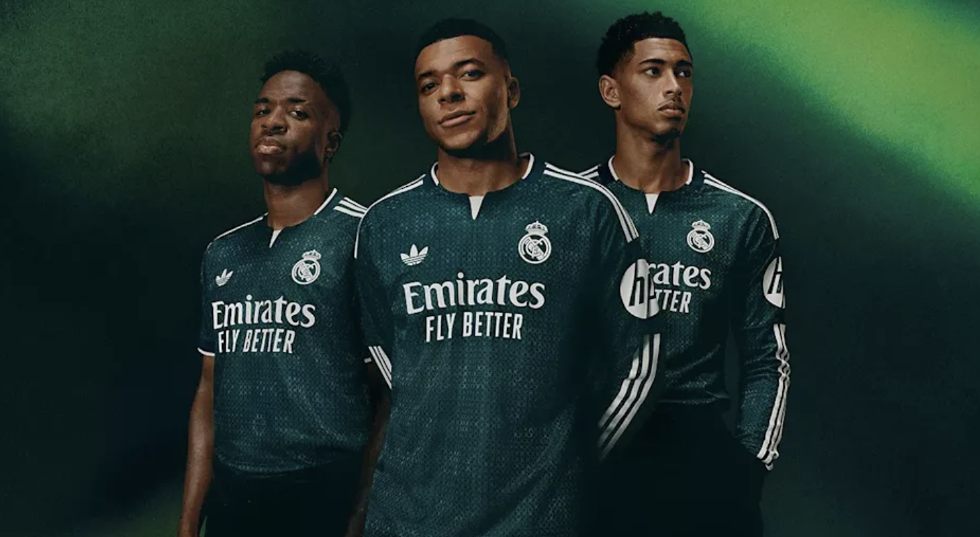 Real Madrid are going with a dark green away jersey for the 2026/27 season. The green is complemented by off-white details, including the club crest and logos.