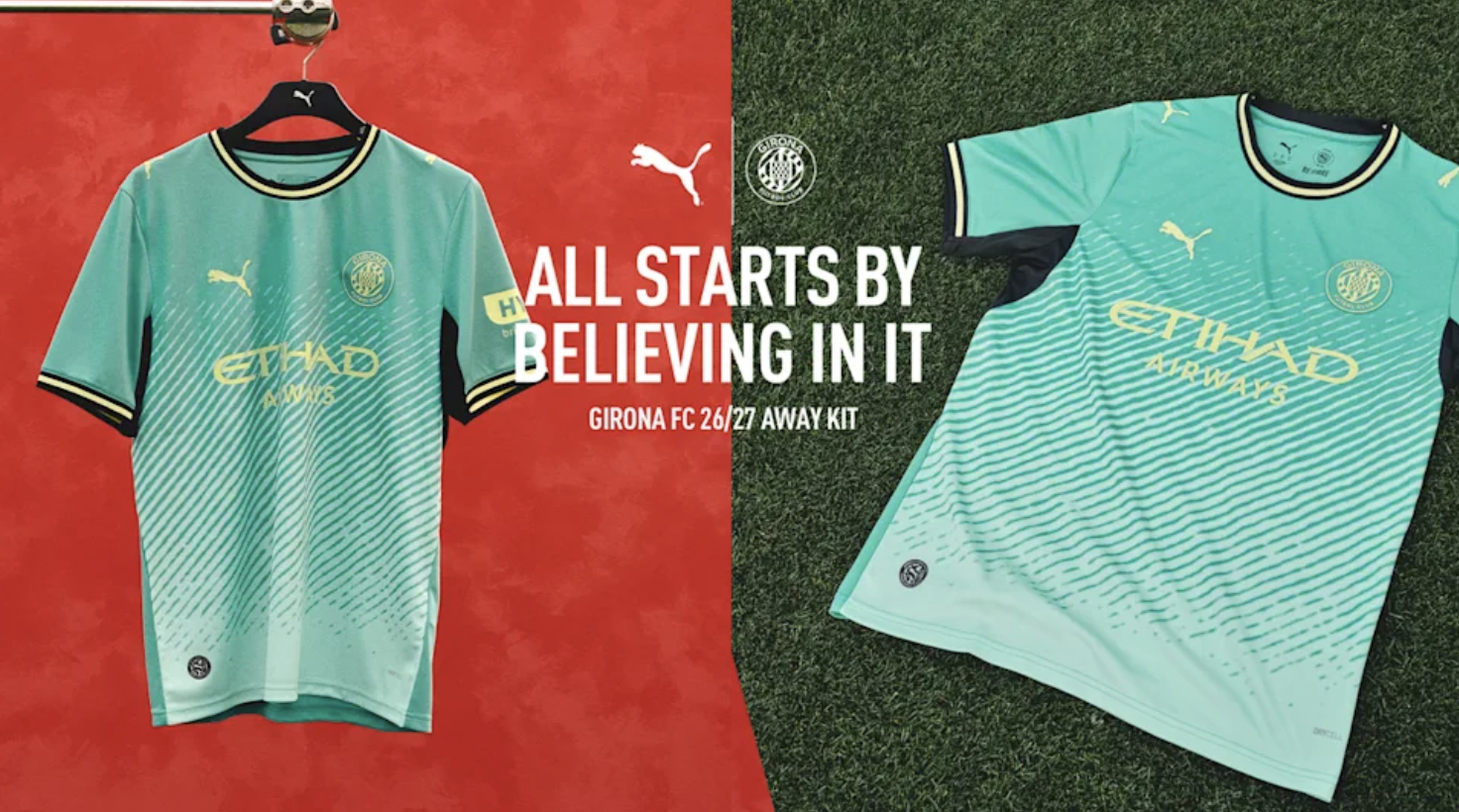 Turquoise green is the main color of Girona's new away kit, which is "inspired by the shades of the crystal-clear waters of the coves of the Costa Brava." This is all part of the "Green Hope" campaign the club is launching noting that each new season brings fresh hope and a "new opportunity to grow."