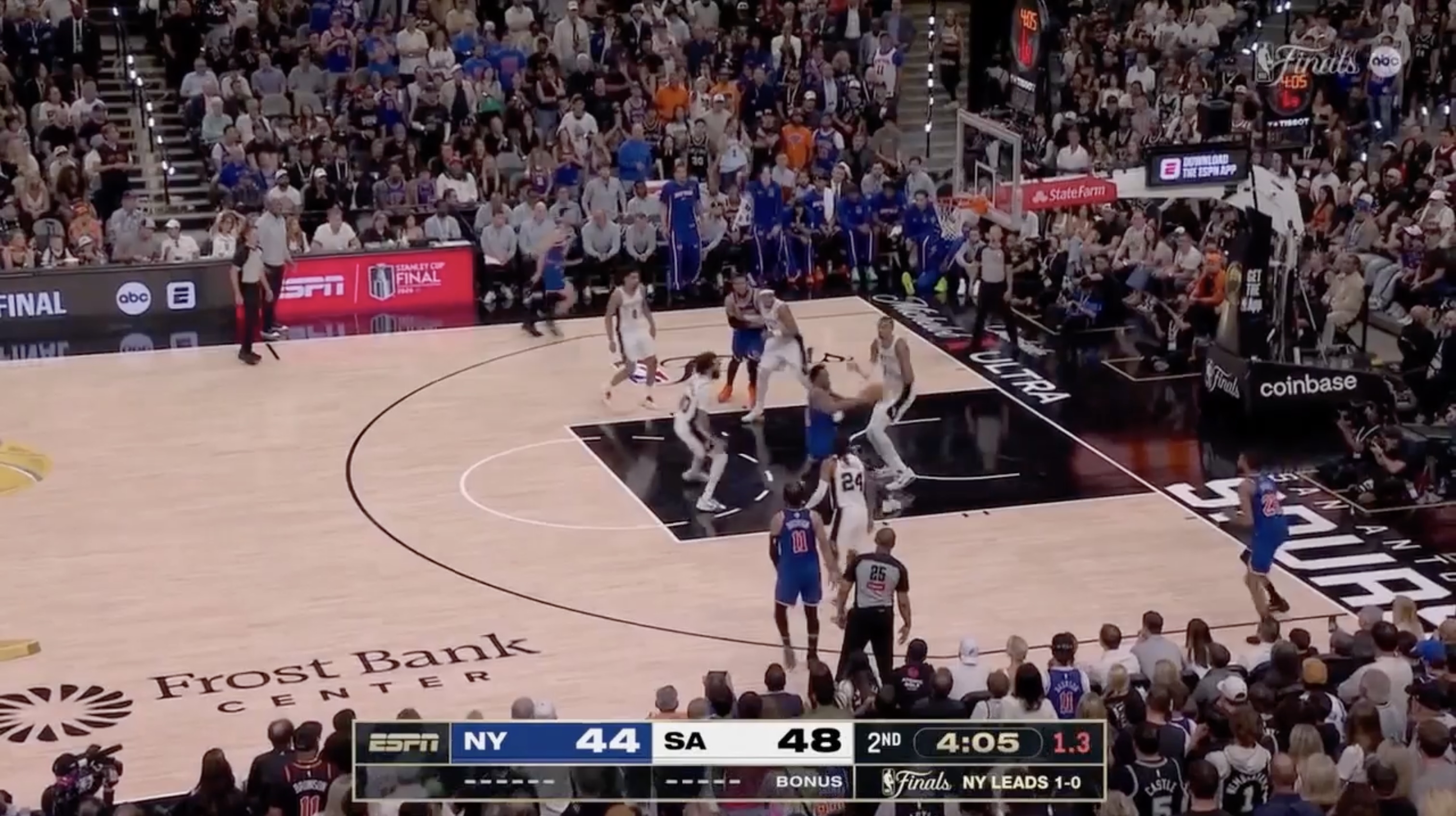 After four separate drives, paint touches and sprays out to a shooter, Mikal Bridges winds up with a wide-open corner 3. (Screenshot via NBA)