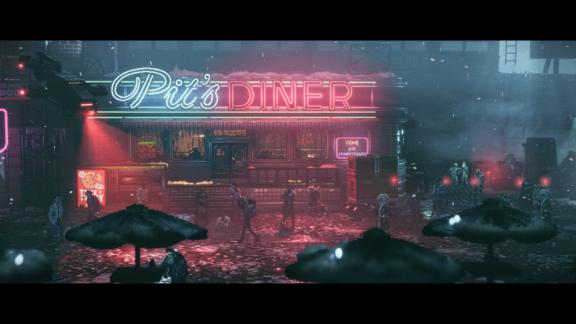 Gaming still from Replaced. "Pit's Diner," set in a dystopian cyberpunk world (pixel art). Various shady characters mill about.