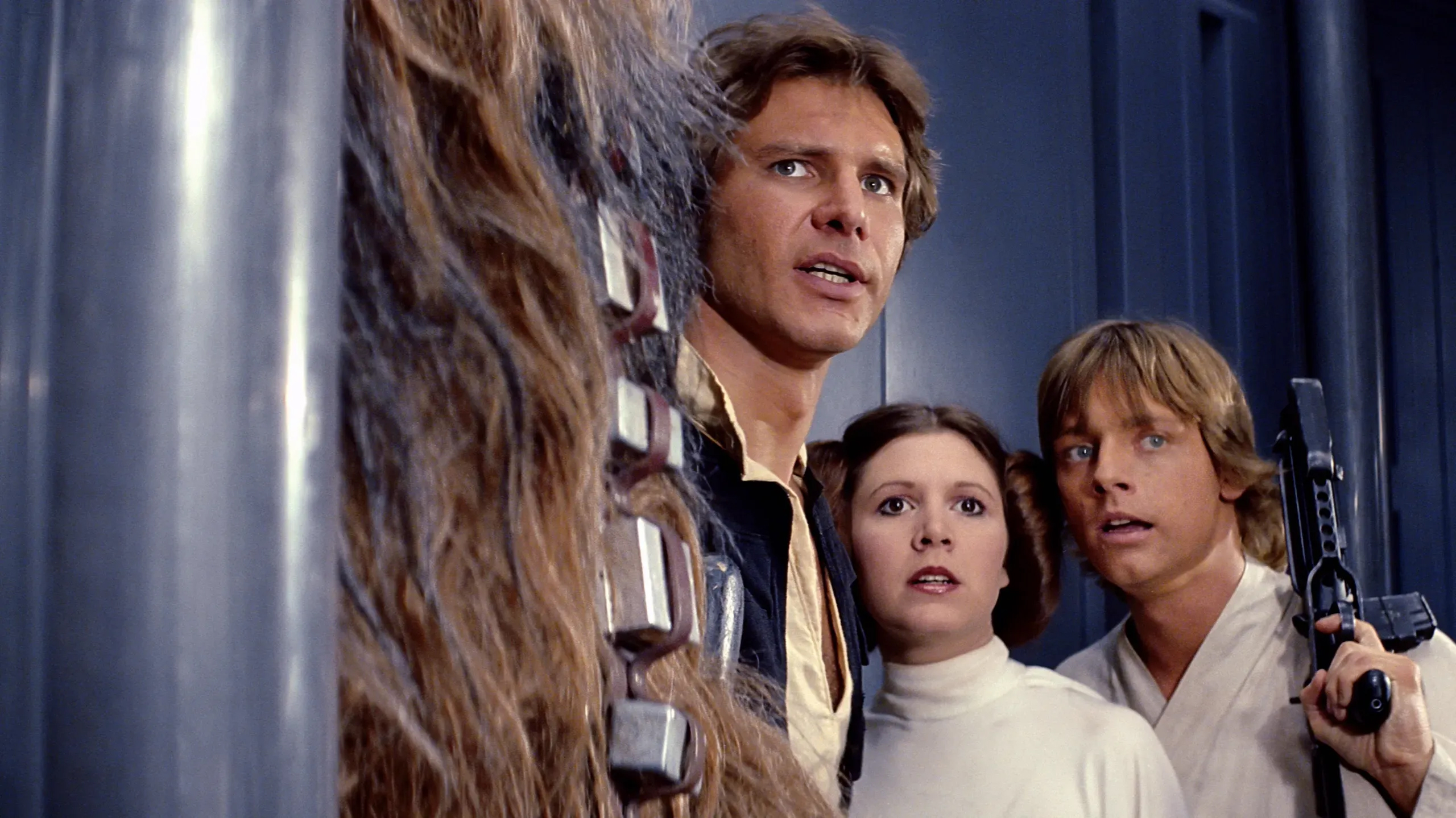 Han Solo (Harrison Ford), Princess Leia (Carrie Fisher) and Luke Skywalker (Mark Hamill) in a scene from Star Wars: A New Hope.