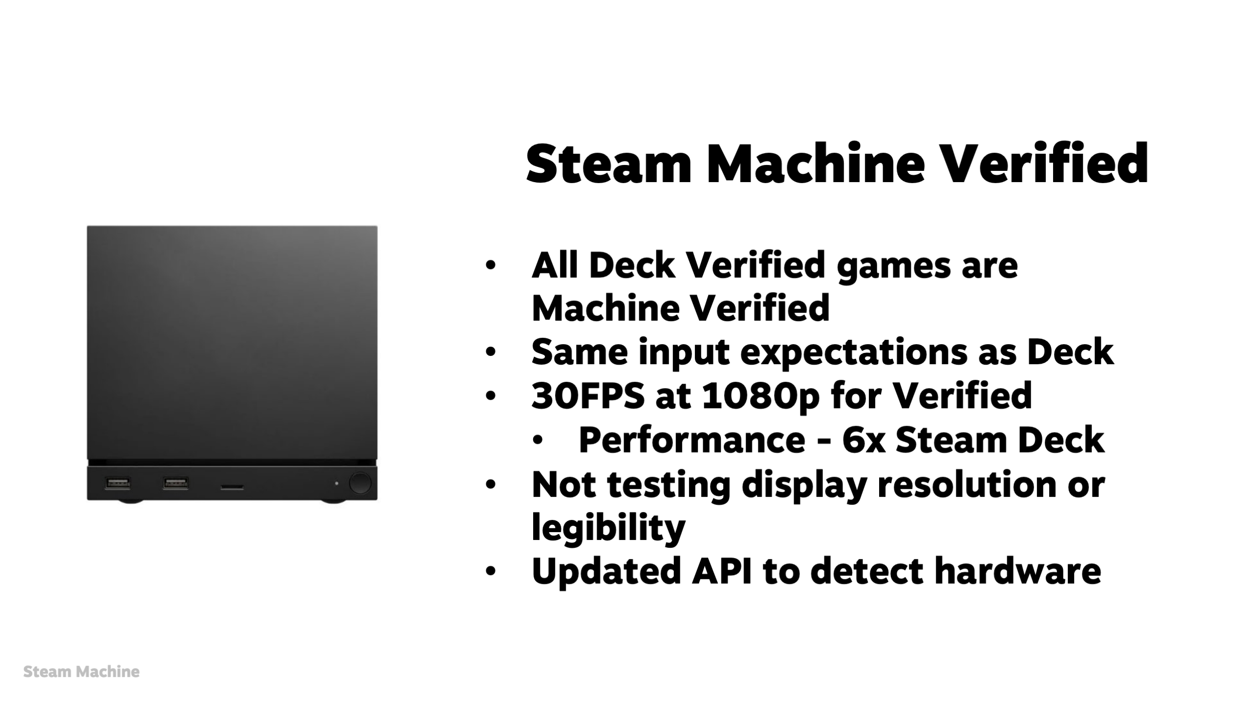 A slide from Valve's GDC 2026 presentation, going over its expectations for Steam Machine games.