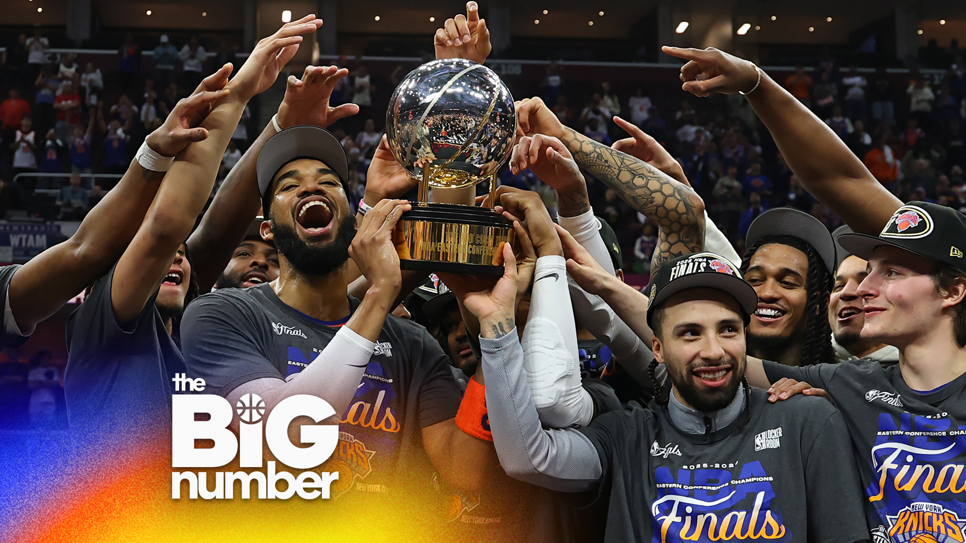 CLEVELAND, OHIO - MAY 25: The New York Knicks celebrate with the Bob Cousy Trophy after defeating the Cleveland Cavaliers 130-93 in Game Four of the NBA Eastern Conference Finals at Rocket Arena on May 25, 2026 in Cleveland, Ohio. (Photo by Gregory Shamus/Getty Images)