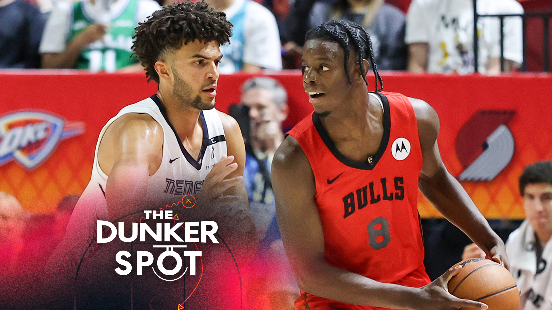 Caleb Wilson #8 of the Chicago Bulls is guarded by Cameron Boozer #27 of the Memphis Grizzlies in the second half of a 2026 NBA Summer League game at the Thomas & Mack Center on July 10, 2026 in Las Vegas, Nevada. (Photo by Ethan Miller/Getty Images)