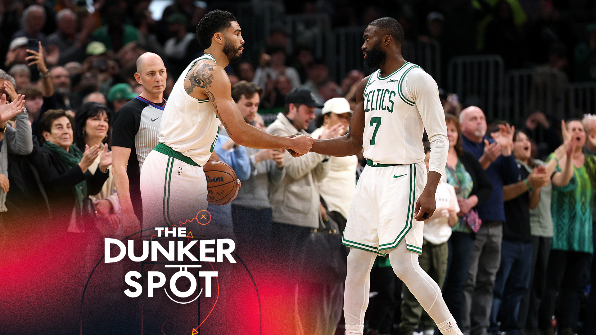 BOSTON, MASSACHUSETTS - MARCH 25: Jayson Tatum #0 of the Boston Celtics and Jaylen Brown #7 shake hands during the second half against the Oklahoma City Thunder at TD Garden on March 25, 2026 in Boston, Massachusetts. The Celtics defeat the Thunder 119-109. (Photo by Maddie Meyer/Getty Images)