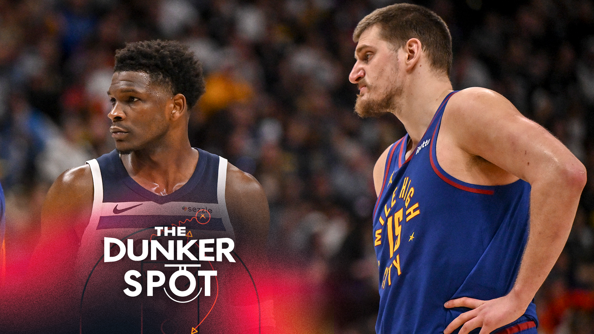 DENVER , CO - MARCH 1: Anthony Edwards (5) of the Minnesota Timberwolves and Nikola Jokic (15) of the Denver Nuggets stand on the court during the third quarter at Ball Arena in Denver, Colorado on Sunday, March 1, 2026. (Photo by AAron Ontiveroz/The Denver Post)